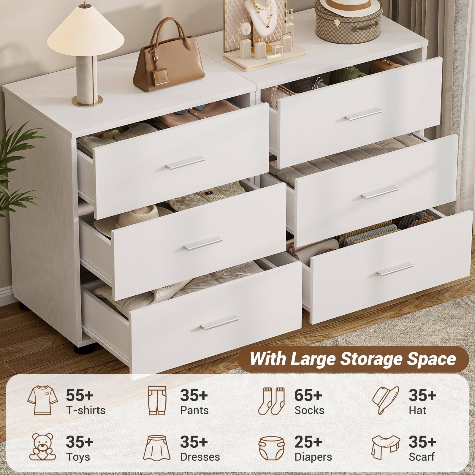 With Large Storage Space  
55+ T-shirts  
35+ Pants  
65+ Socks  
35+ Hat  
35+ Toys  
35+ Dresses  
25+ Diapers  
35+ Scarf