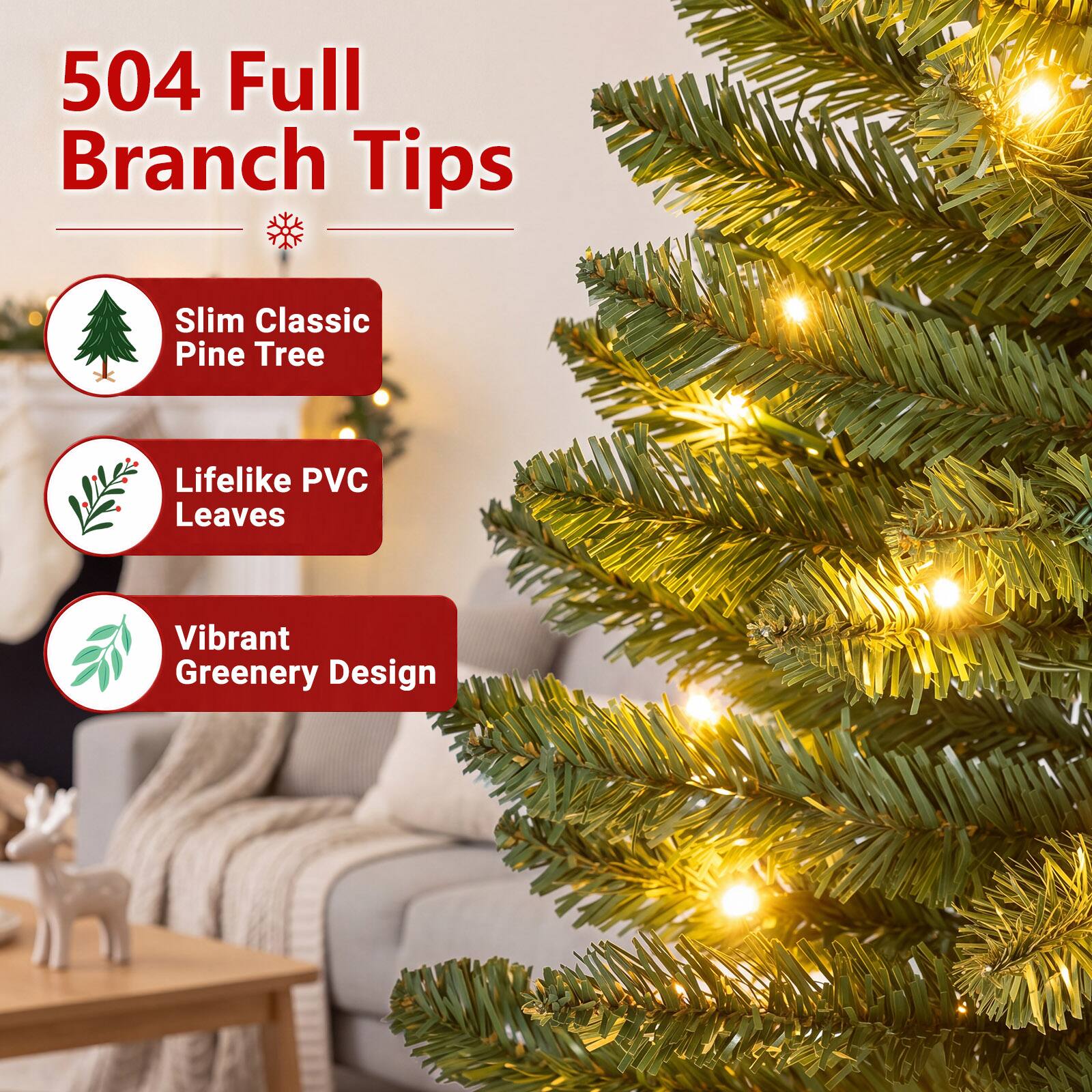 Costway 5 FT Pencil Christmas Tree with 504 Full Branch Tips, 170 LED ...