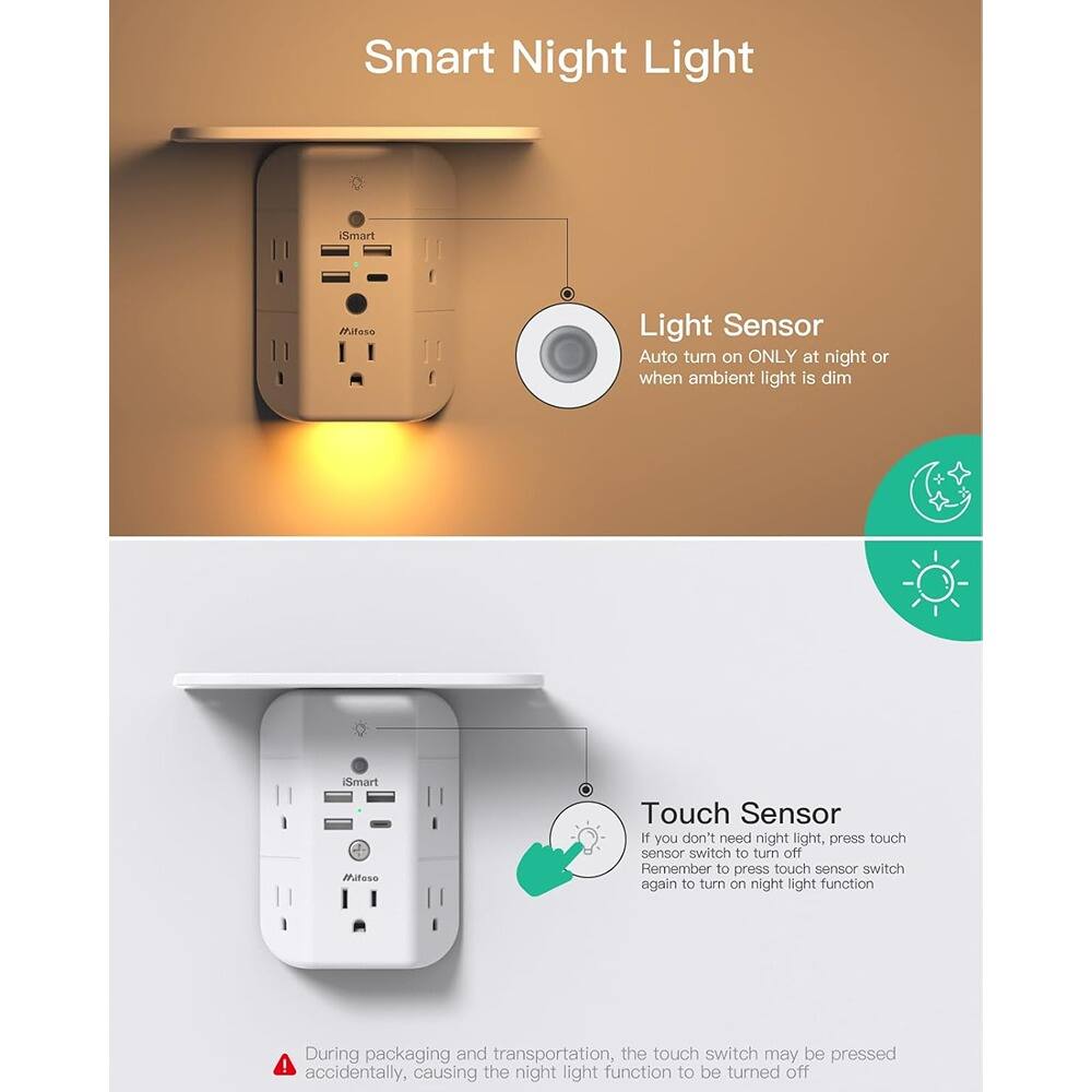 Smart Night Light

Light Sensor
- Auto turn on ONLY at night or when ambient light is dim

Touch Sensor
- If you don't need night light, press touch sensor switch to turn off
- Remember to press touch sensor switch again to turn on night light function

During packaging and transportation, the touch switch may be pressed accidentally, causing the night light function to be turned off
