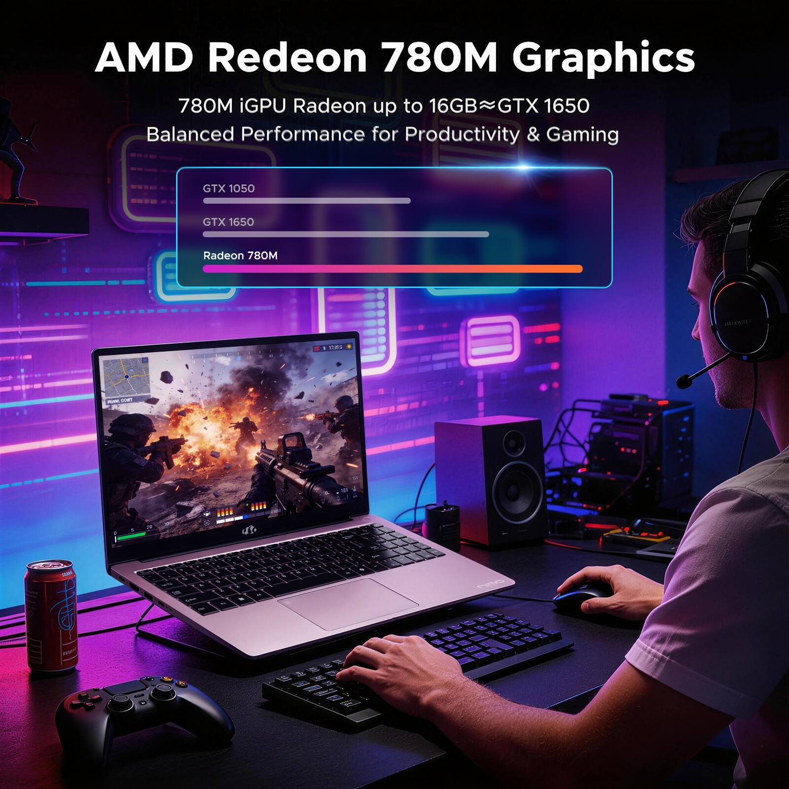 AMD Radeon 780M Graphics  
780M iGPU Radeon up to 16GB ≈ GTX 1650  
Balanced Performance for Productivity & Gaming  

GTX 1050  
GTX 1650  
Radeon 780M