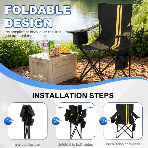 FOLDABLE DESIGN  
No complicated installation required, just open and use.  

INSTALLATION STEPS  
1. Take out the chair  
2. Unfold it to both sides  
3. Installation complete