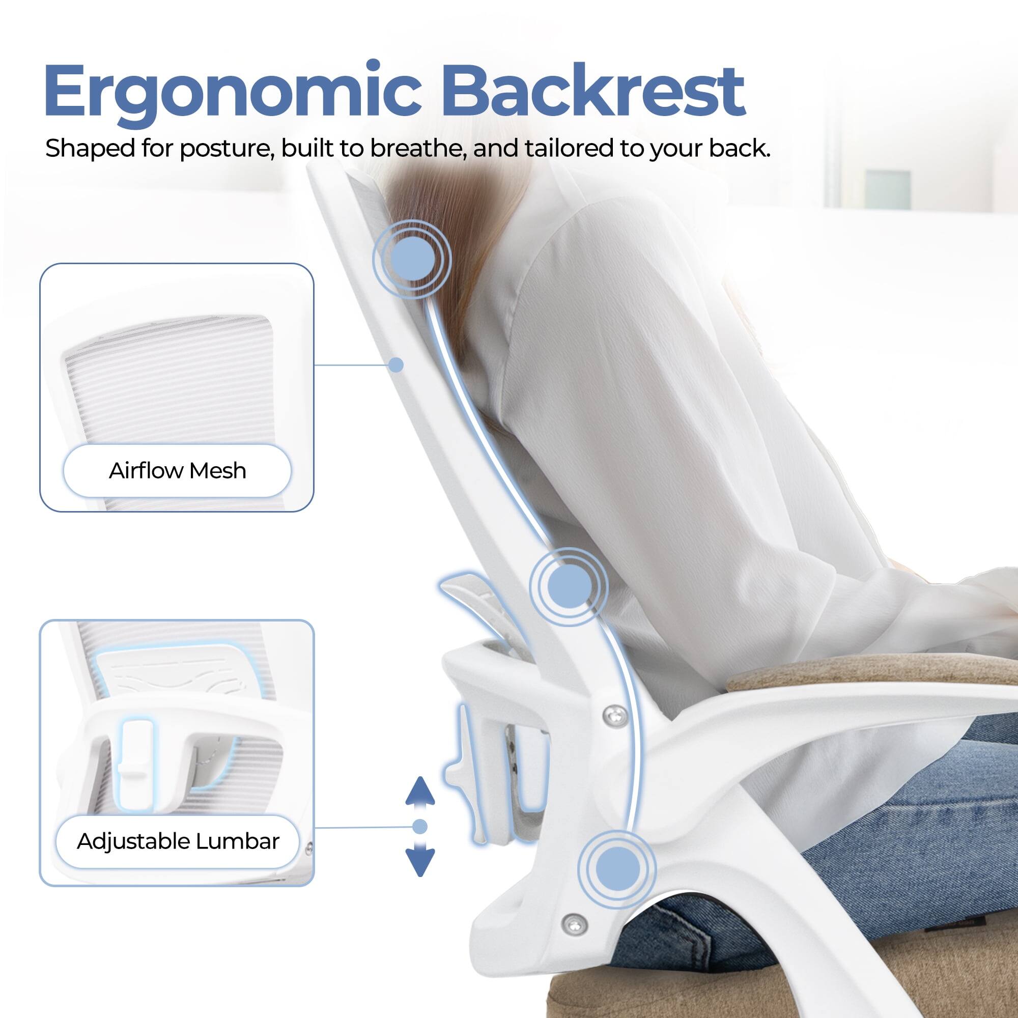 Ergonomic Backrest  
Shaped for posture, built to breathe, and tailored to your back.  

Airflow Mesh  
Adjustable Lumbar