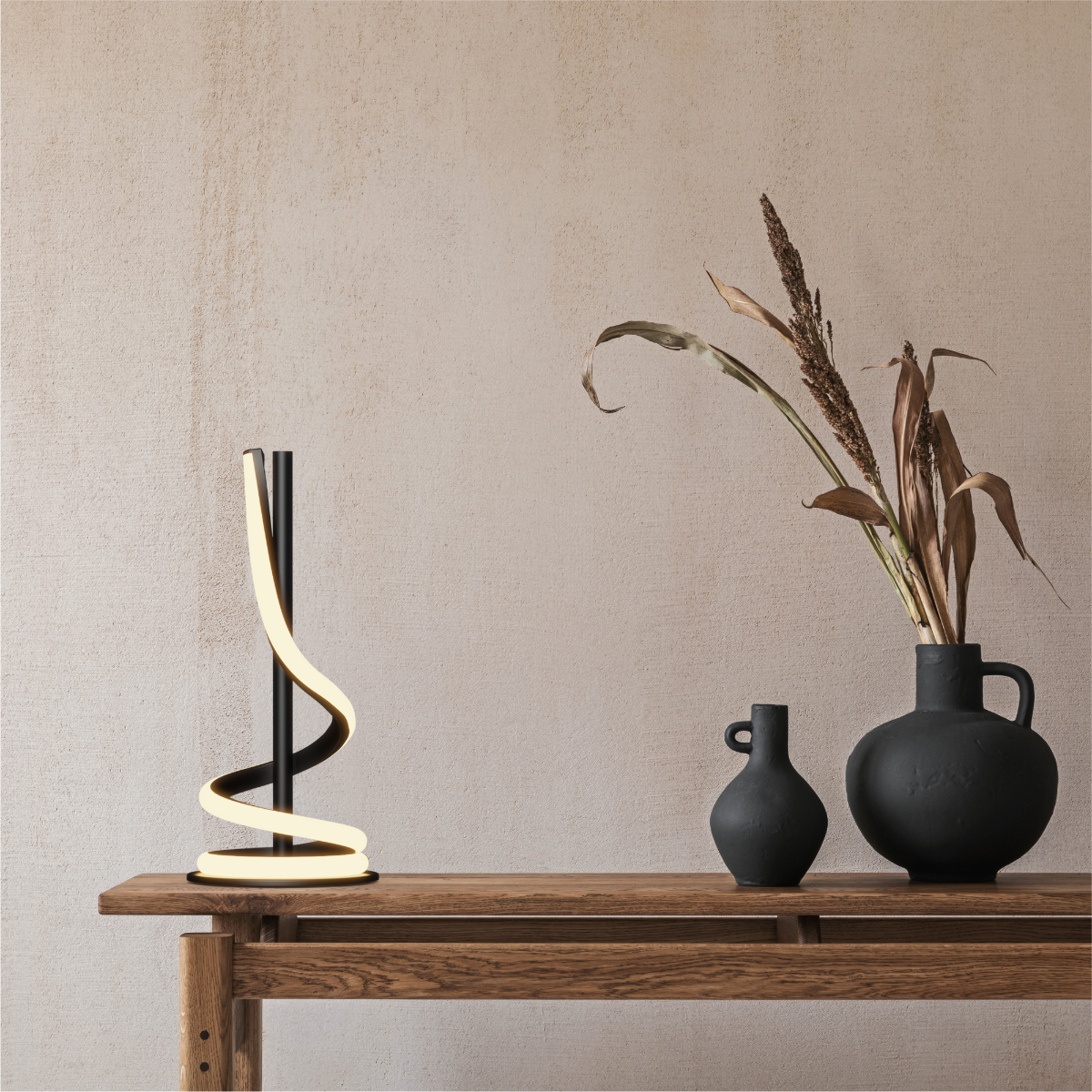 Alt View 2. Infibrite - Sculptural Curve 12W LED Table Lamp 16 Inch, 3000K Warm White, Touch Control, Matte Black - White.