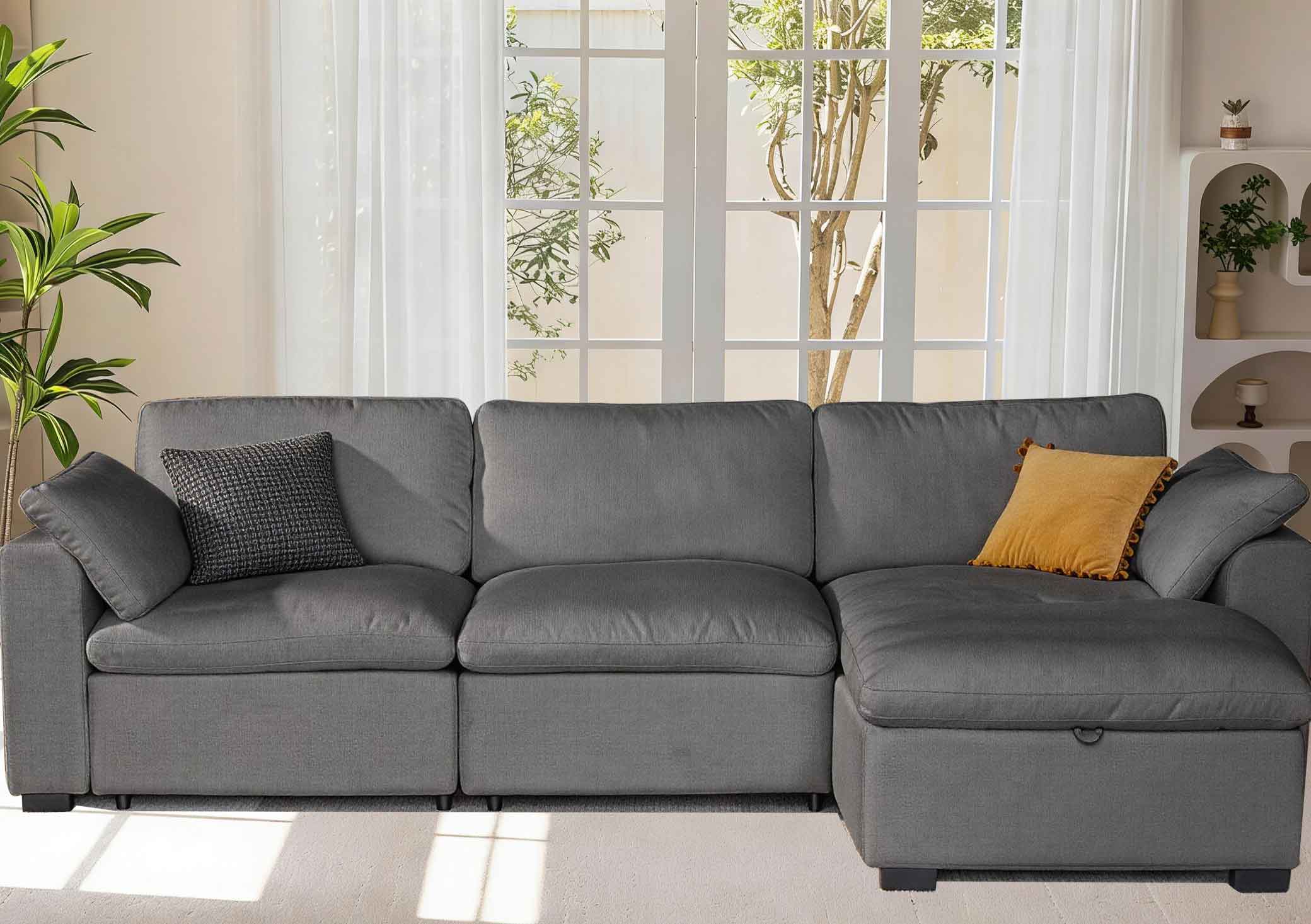 Dyonery - 120" Modular Sectional Sofa, L Shaped Cloud Couch with Storage Ottoman,Solid Wood Frame, Tool Free, Gray - Linen Gray