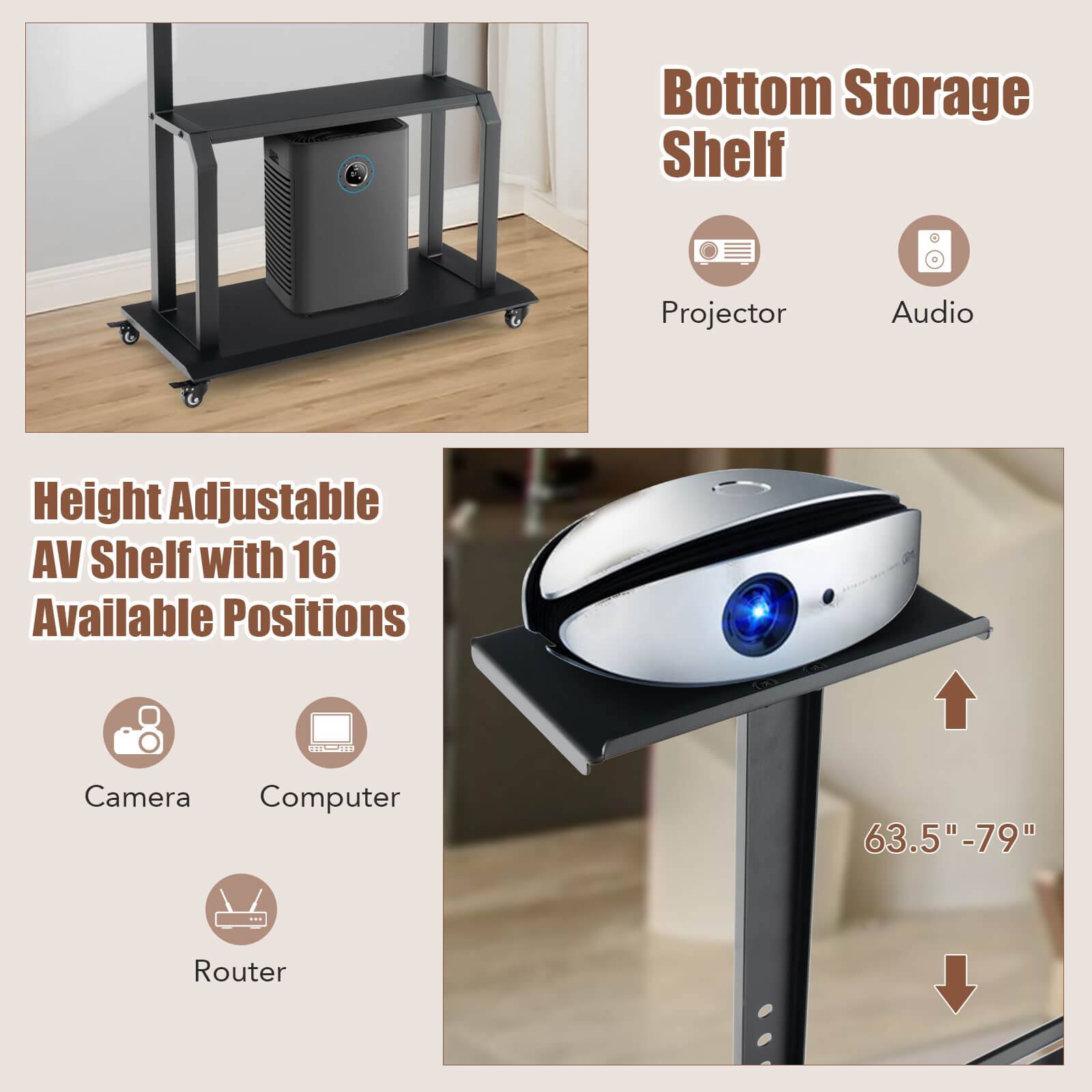 Bottom Storage Shelf: Height Adjustable A/V Shelf with 16 Available Positions, Camera, Computer, Router.