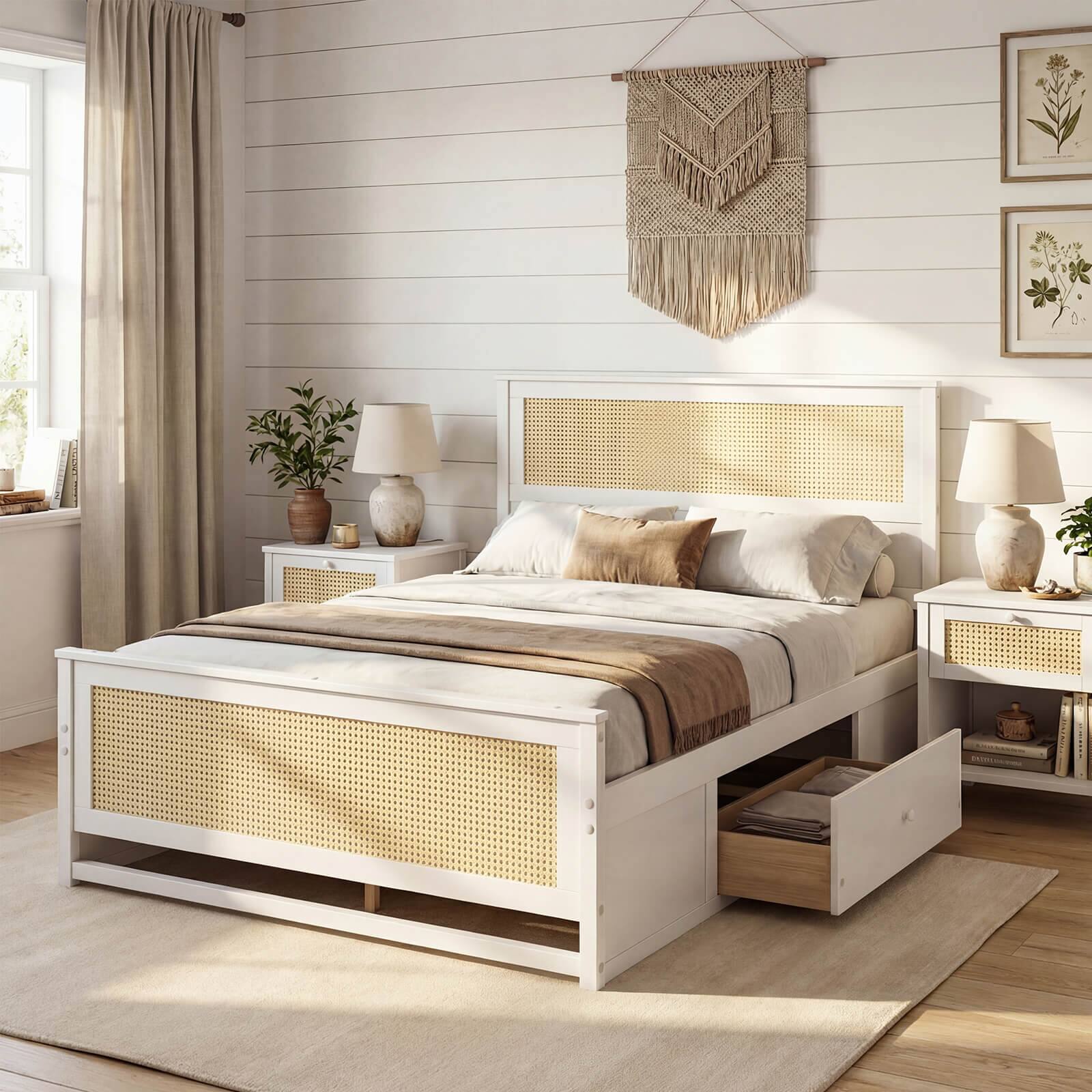 Alt View 4. Costway - Costway Full Size Rattan Bed Frame with Headboard, 2 Storage Drawers & Space - White.