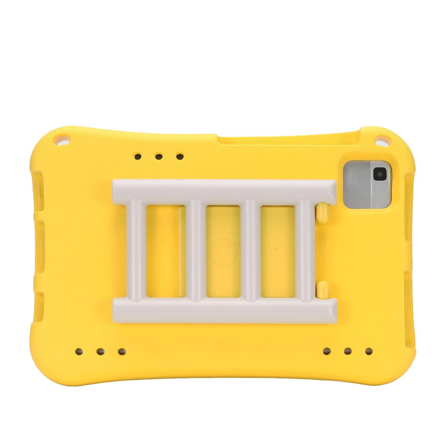 The image shows a yellow phone case with a white stand attached to the back.