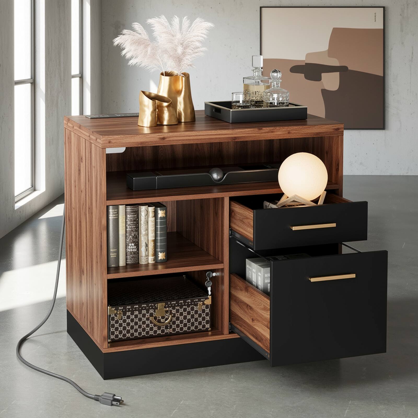 Front. ModernMate - 2 Drawer Wood File Cabinet, Filing Cabinet with Lock, Power Strip and Storage Shelves.