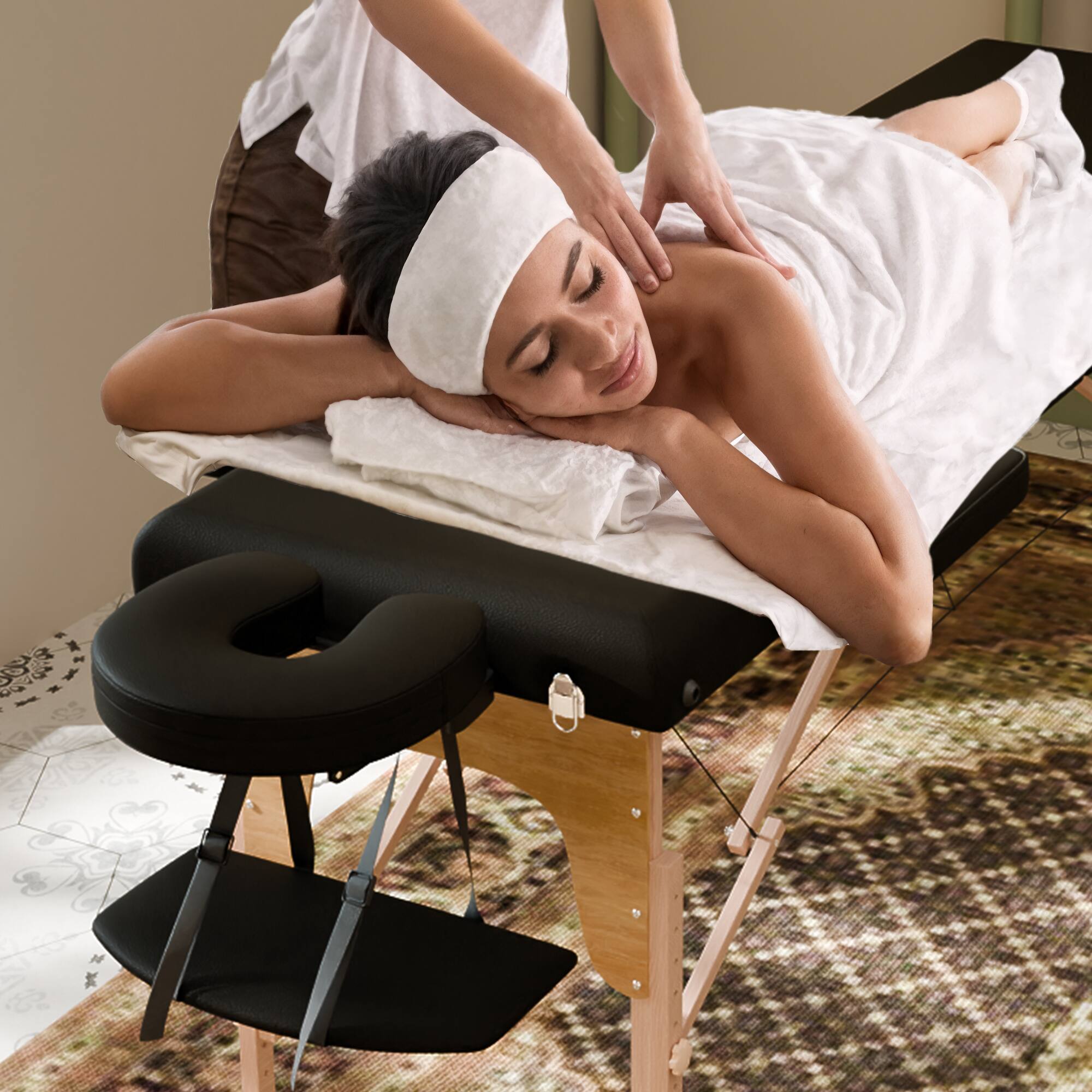 Back. Famapy - Foldable Portable Massage Table with Adjustable Headrest & Backrest, Sturdy 550 lbs Support, Space-Saving Design - Black & Wooden.