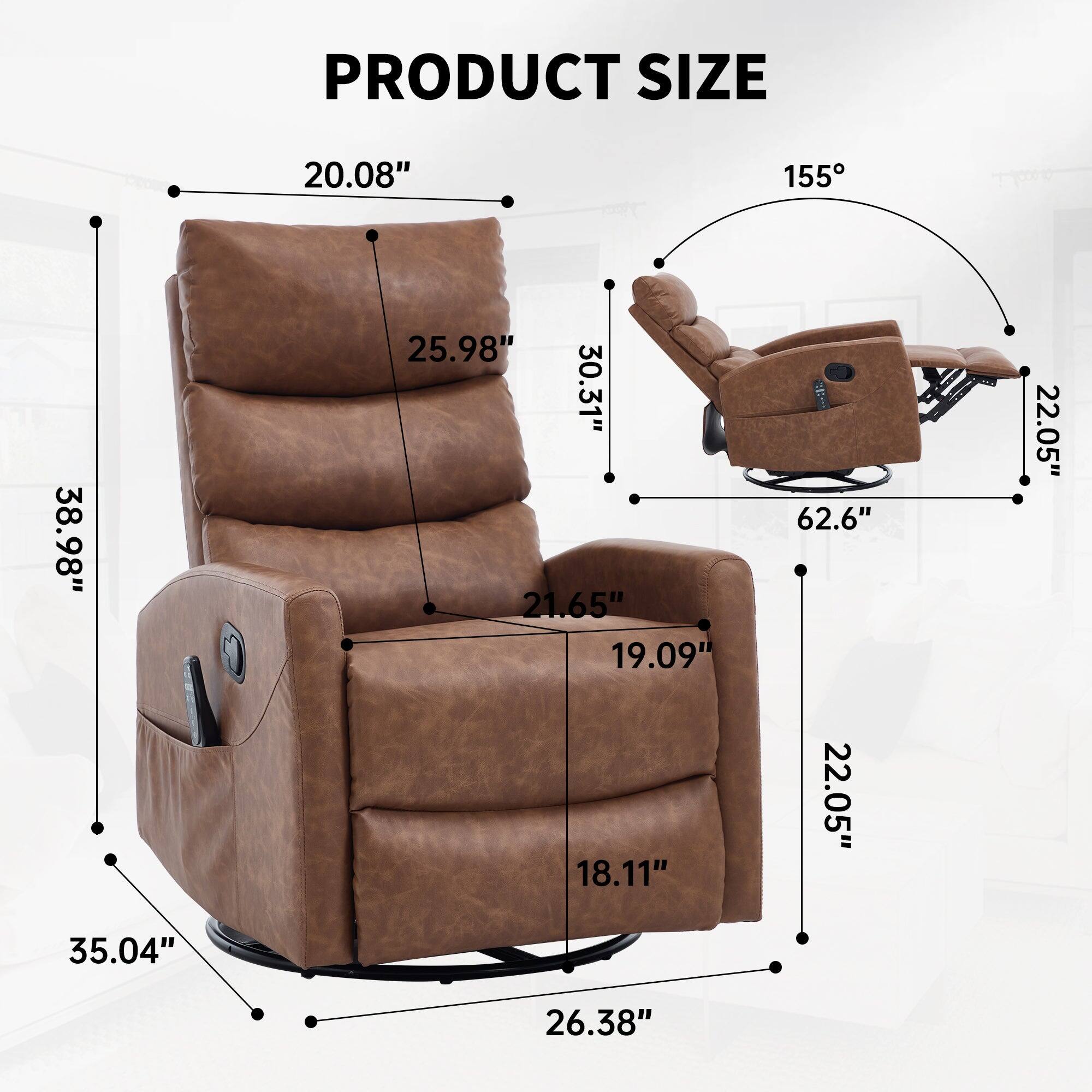 PRODUCT SIZE

- Height: 38.98"
- Width: 35.04"
- Depth: 26.38"
- Seat Height: 19.09"
- Seat Depth: 21.65"
- Armrest Height: 25.98"
- Back Height: 30.31"
- Reclining Angle: 155°
- Reclining Distance: 62.6"
- Armrest Width: 22.05"
- Base Width: 22.05"