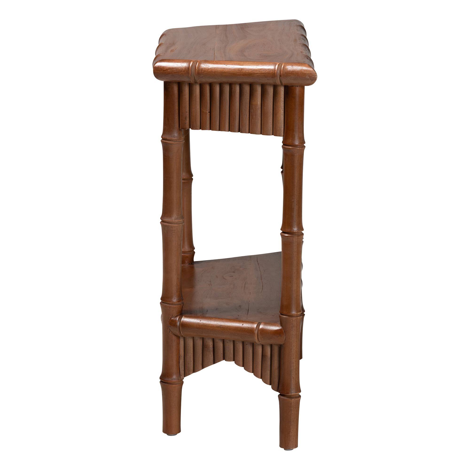 Left. bali & pari - Alessa Mahogany Wood Console Table - Fluted Wood Accent Table with Bamboo Motif and Two-Tier Display, 32 in. - Mahogany Brown.
