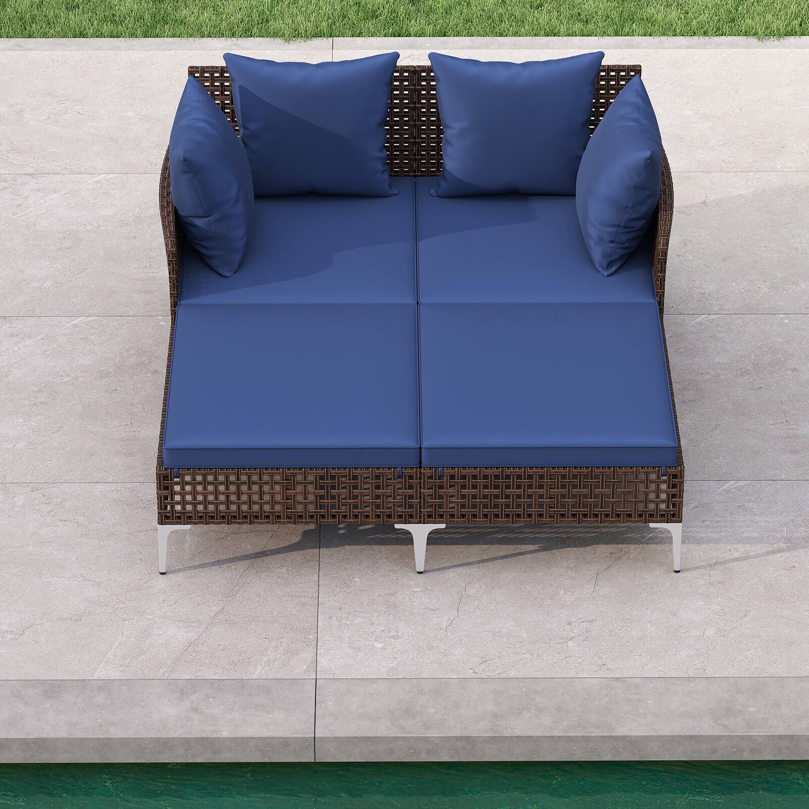 Alt View 3. Gymax - Gymax Outdoor Rattan Double Daybed Wicker Chaise Lounge for 2 w/ Seat & Back Cushions Navy - Blue.