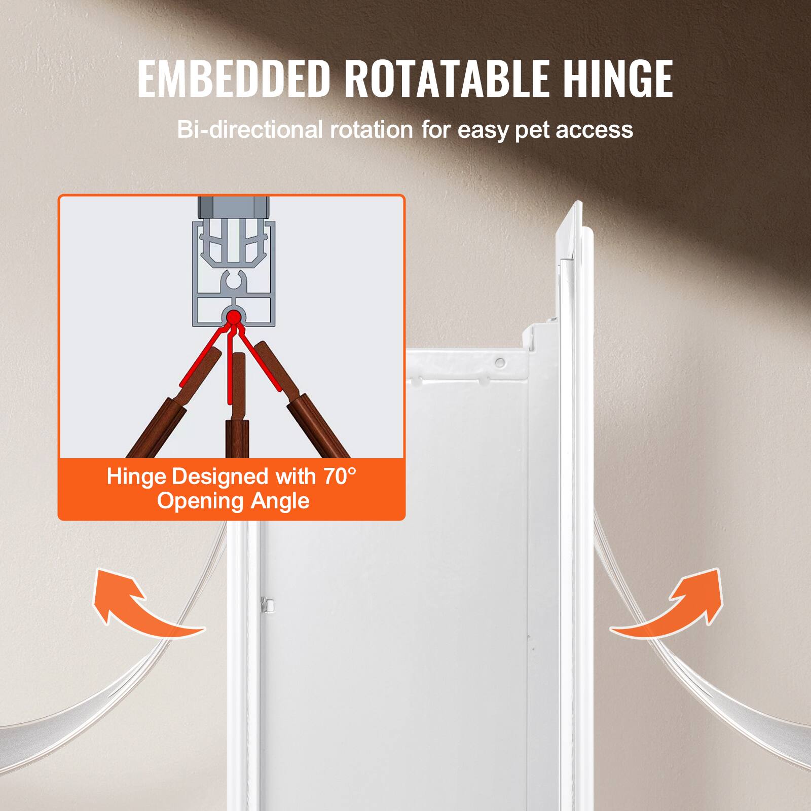 EMBEDDED ROTATABLE HINGE  
Bi-directional rotation for easy pet access  

Hinge Designed with 70° Opening Angle