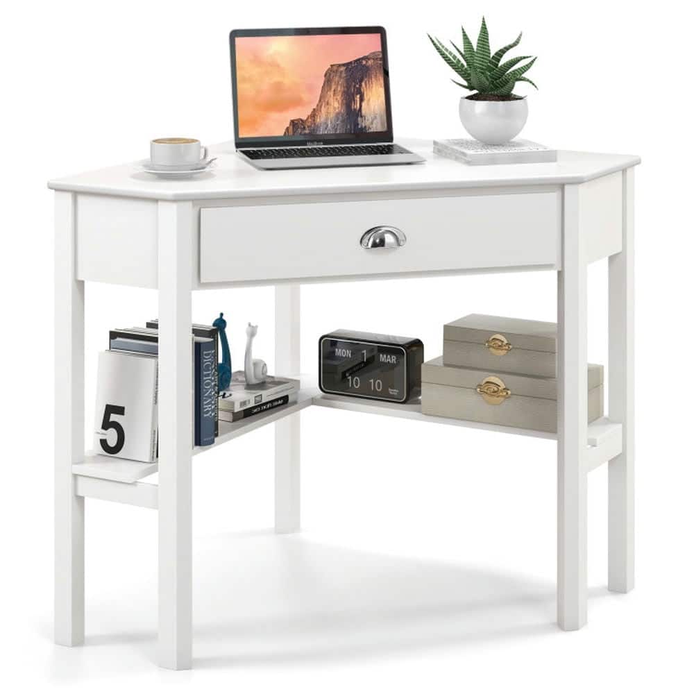 Resenkos - Corner Wooden Piece Laptop Computer Desk- Home Office Desks, Gaming Computer Desks for Study,Working,Writing - White