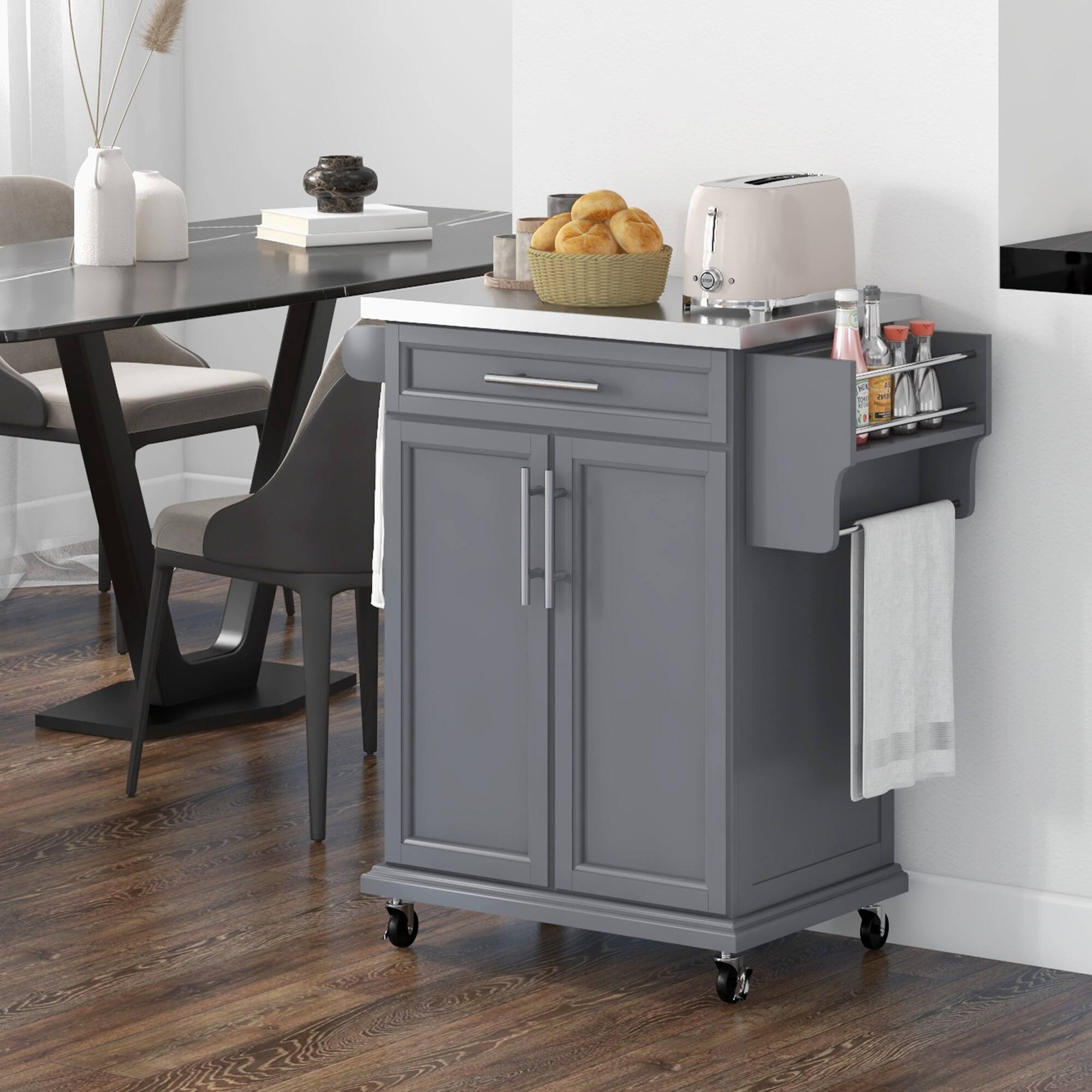 Alt View 1. Homcom - Kitchen Island on Wheels, Rolling Kitchen Cart with Stainless Steel Countertop, Drawer, Towel Rack and Spice Rack - Gray.