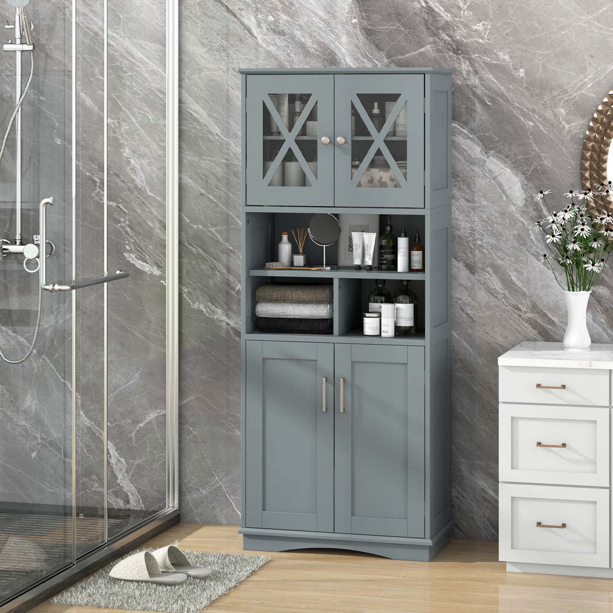 Left. Costway - Costway Tall Bathroom Cabinet Large Floor Storage Cabinet with Acrylic Doors & 3 Cube Gray - Gray.