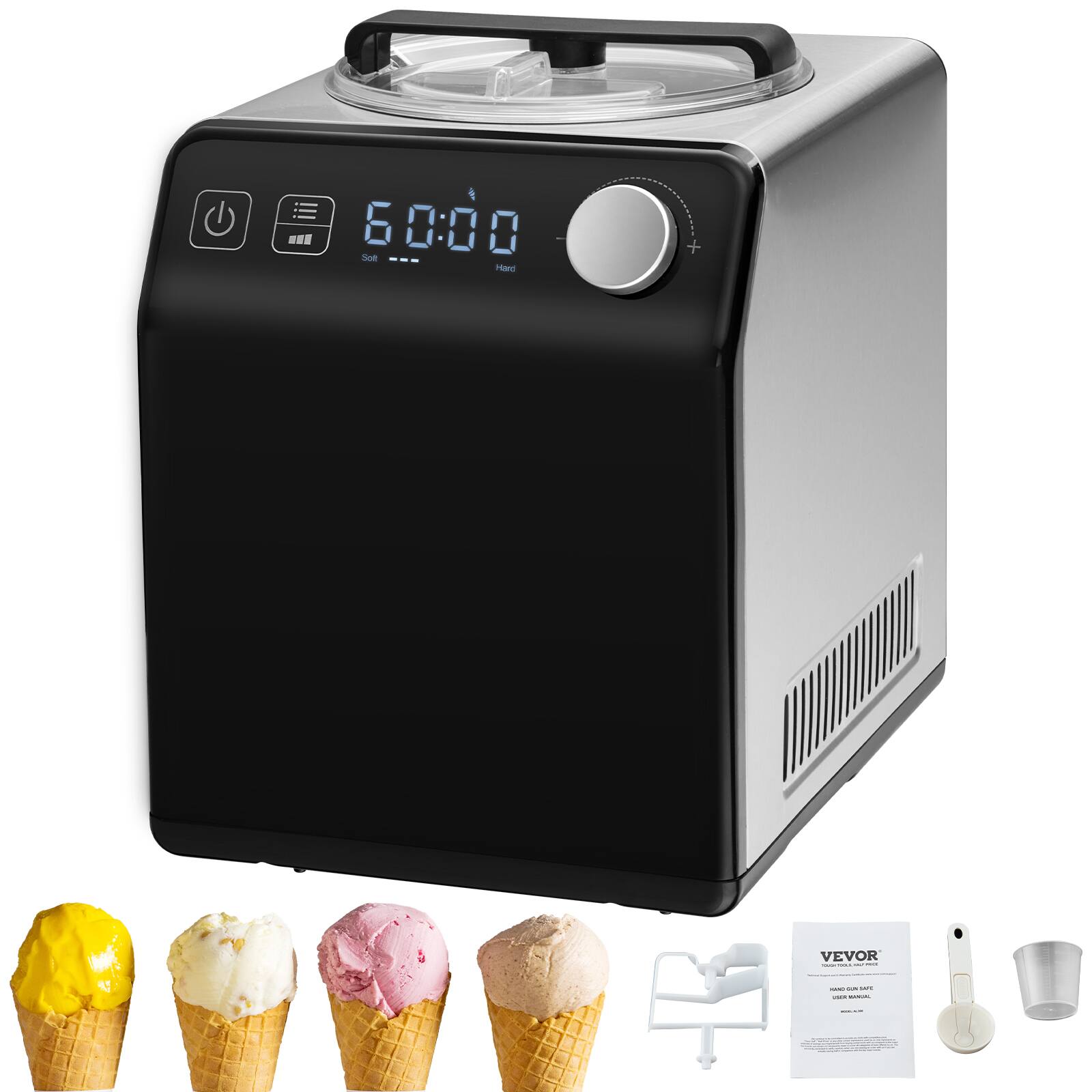 VEVOR - Upright Automatic Ice Cream Maker with Built-in Compressor, 2 Quart No Pre-freezing Fruit Yogurt Machine - Black