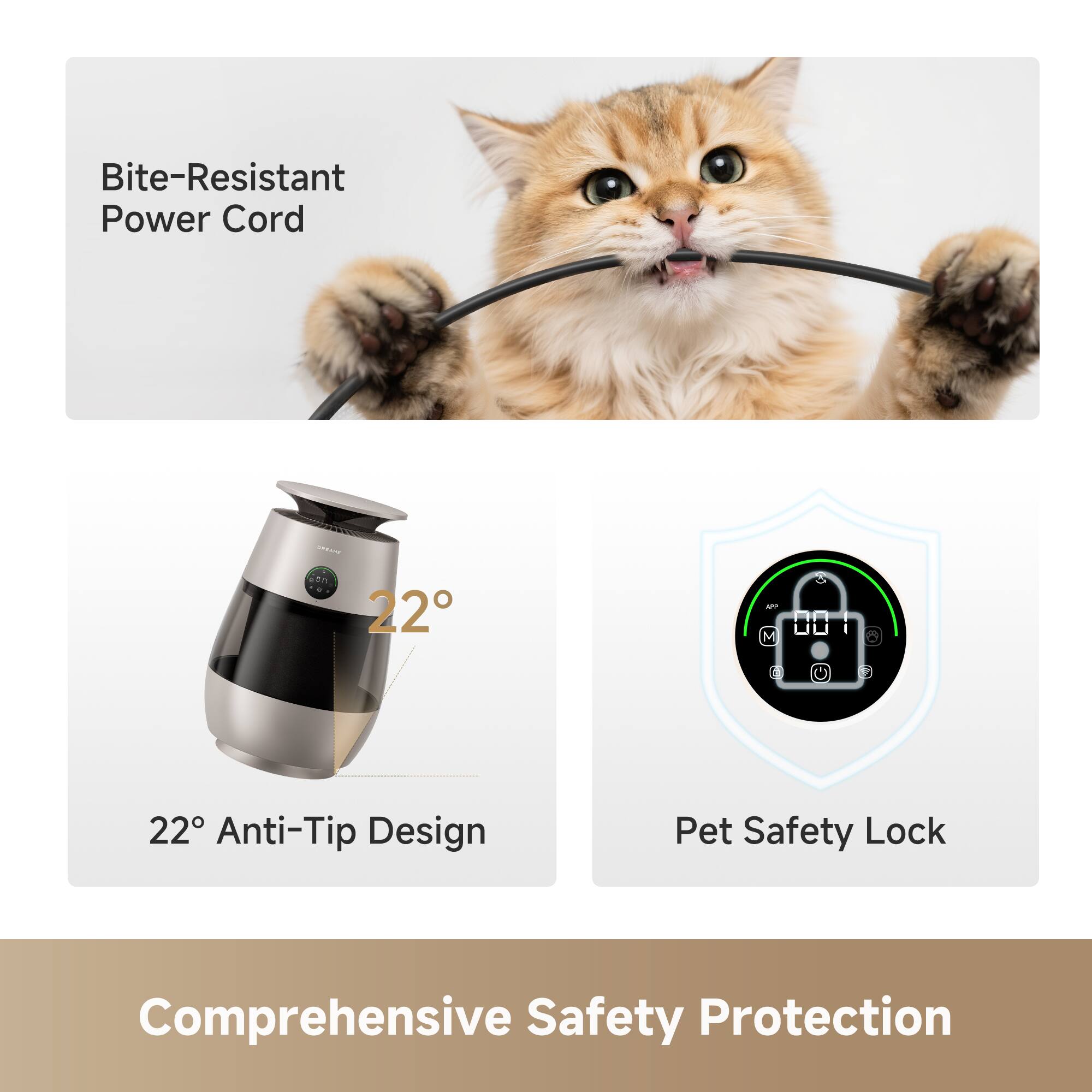Bite-Resistant Power Cord

22° Anti-Tip Design

Pet Safety Lock

Comprehensive Safety Protection