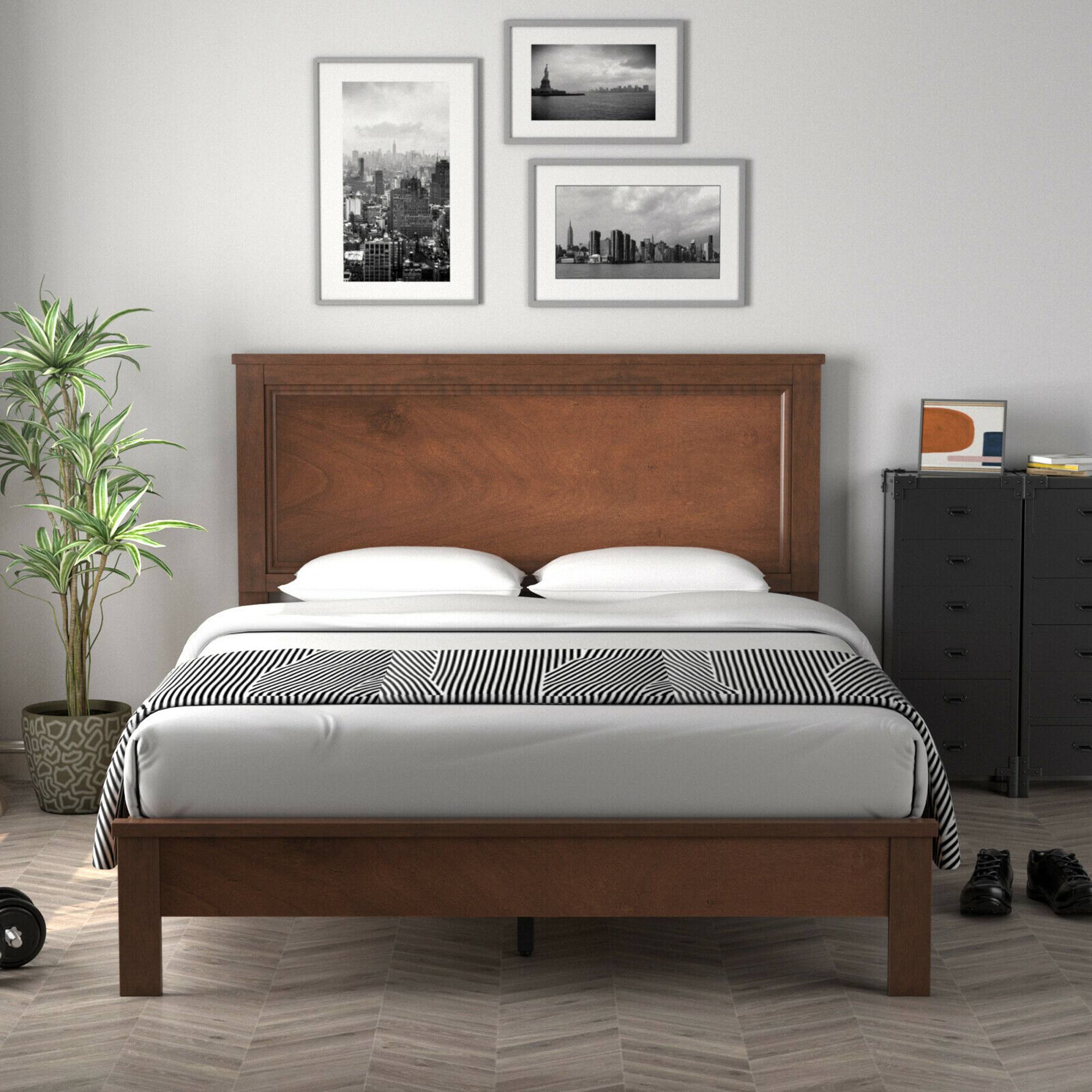 Alt View 3. Gymax - Gymax Full Size Bed Frame Platform Slat High Headboard Bedroom Rubber Wood Leg Walnut - Walnut.