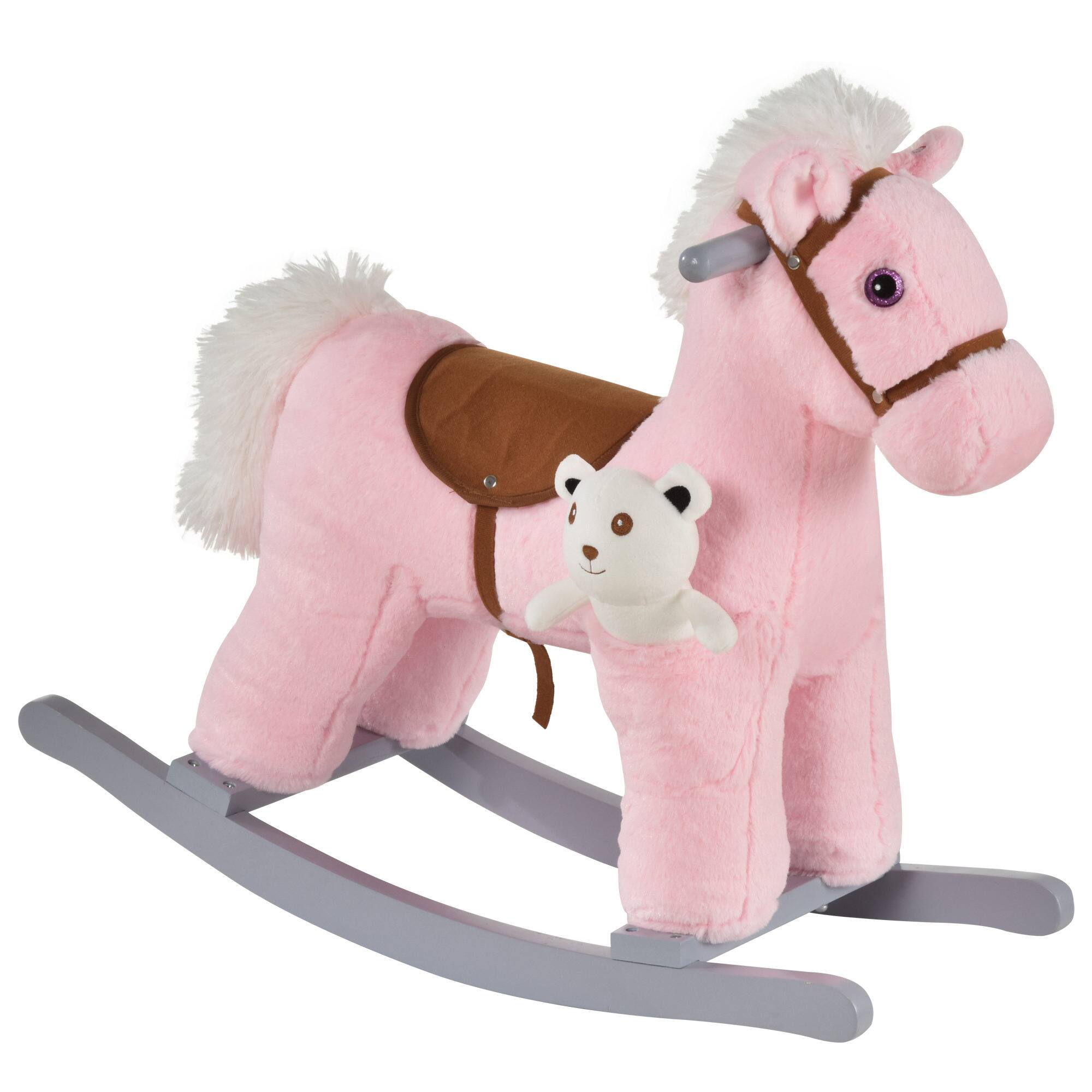 Front. Glintex - Plush Rocking Horse for Kids with Sounds, Soft Seat, and Wooden Rockers - Pink.