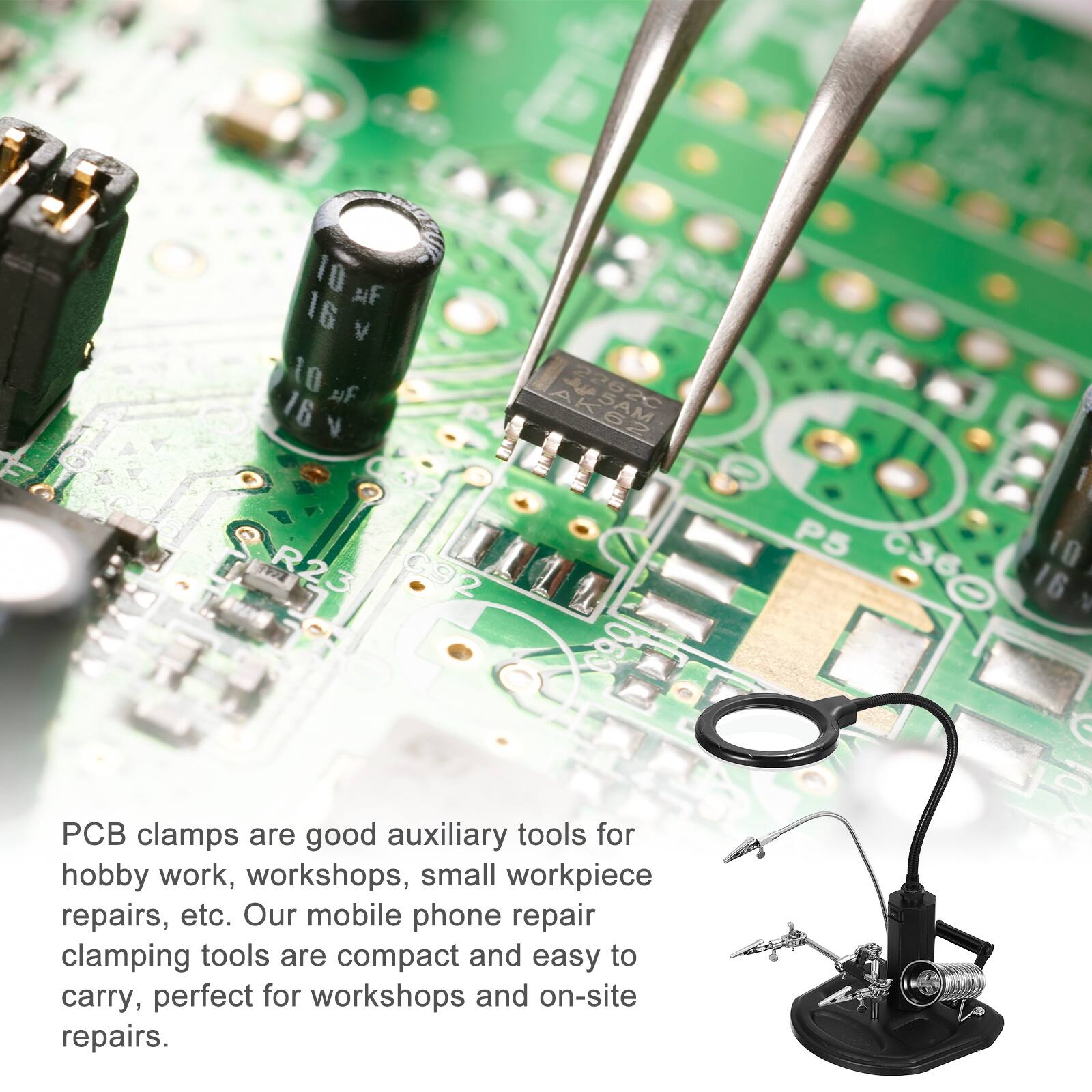 10 F 16 V 10 16 V R23 C92 AK62 2262C P5 C36 I 10

PCB clamps are good auxiliary tools for hobby work, workshops, small workpiece repairs, etc. Our mobile phone repair clamping tools are compact and easy to carry, perfect for workshops and on-site repairs.