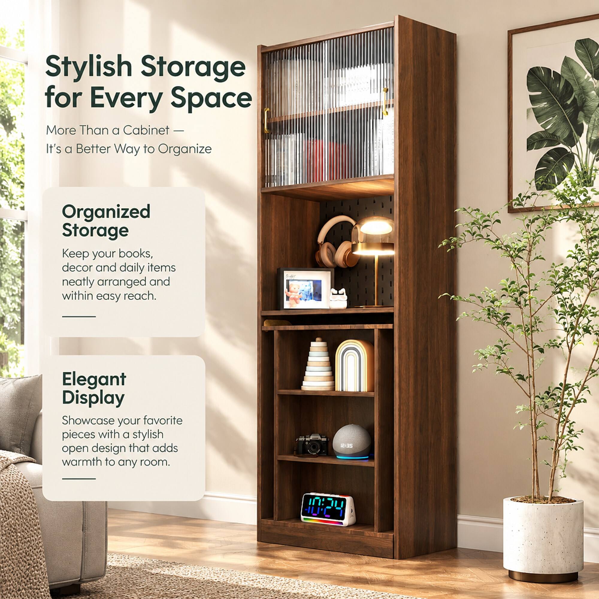 Stylish Storage for Every Space  
More Than a Cabinet — It's a Better Way to Organize  

Organized Storage  
Keep your books, decor and daily items neatly arranged and within easy reach.  

Elegant Display  
Showcase your favorite pieces with a stylish open design that adds warmth to any room.  

ZEASI