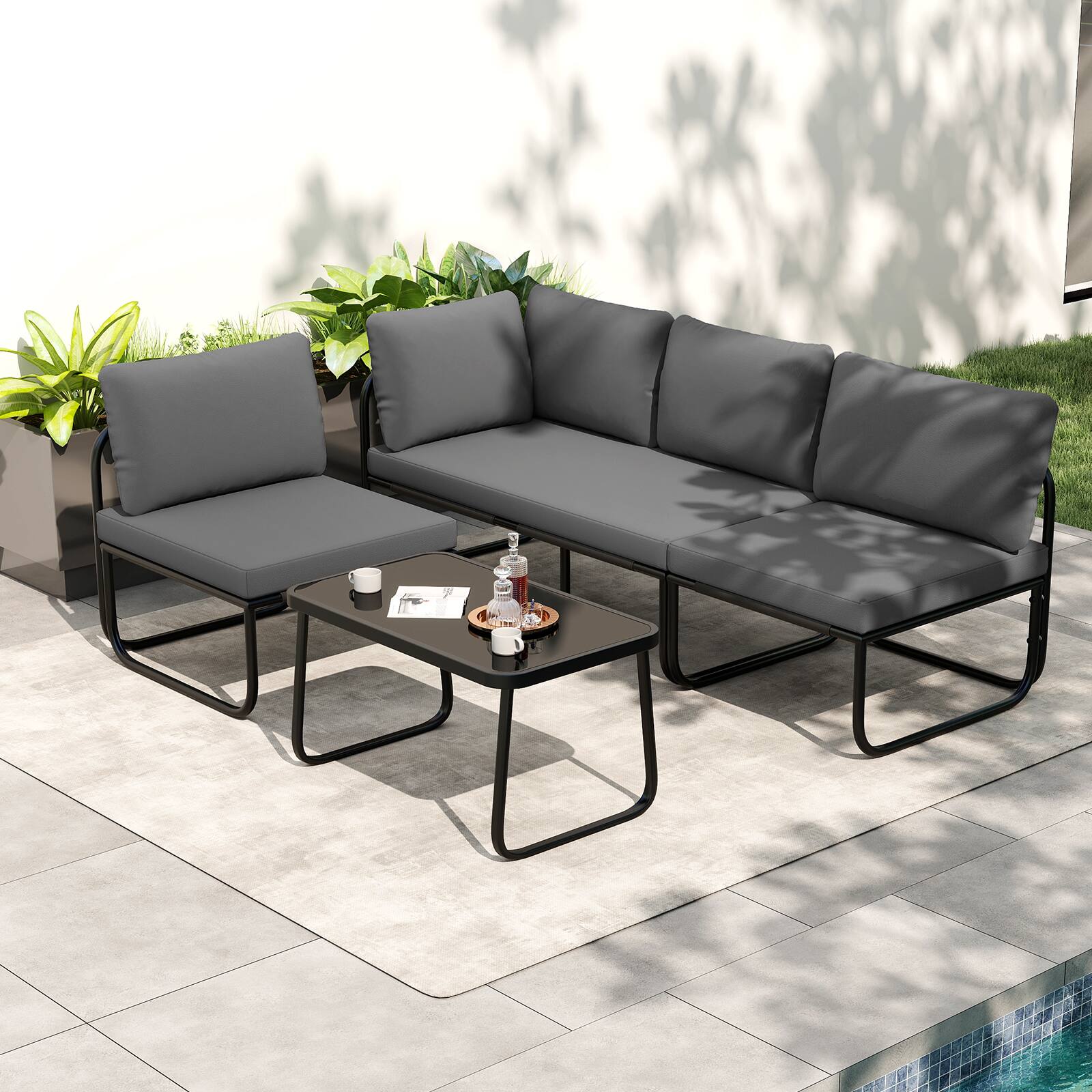 Alt View 4. Costway - Costway 4 PCS Patio Furniture Set with Cushions & Tempered Glass Coffee Table for Garden - Black,Gray.
