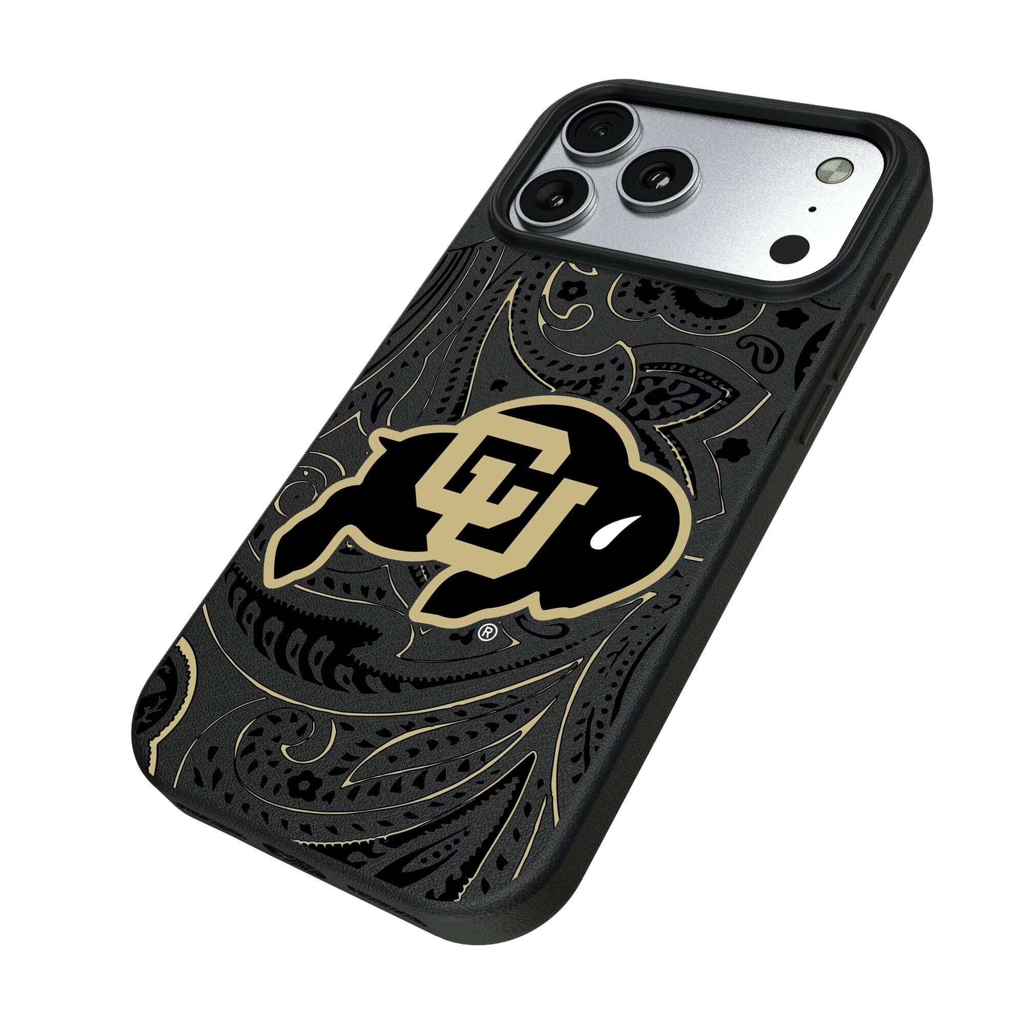 Alt View 1. Keyscaper - Colorado Buffaloes Paisley iPhone Magnetic Bump Case - 15 Pro Max - Black.