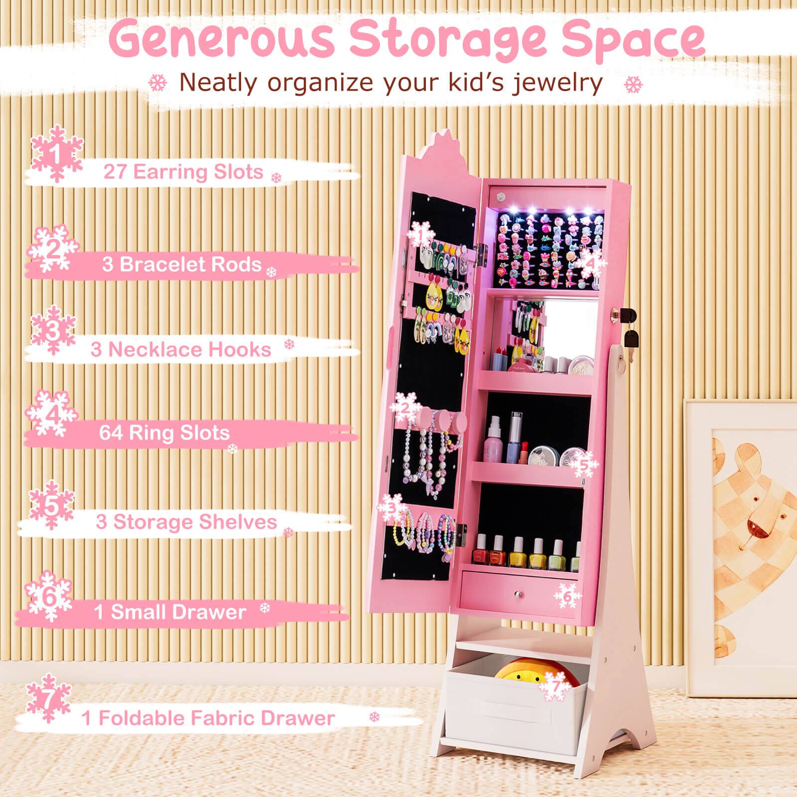 Generous Storage Space  
Neatly organize your kid's jewelry  
1. 27 Earring Slots  
2. 3 Bracelet Rods  
3. 3 Necklace Hooks  
4. 64 Ring Slots  
5. 3 Storage Shelves  
6. 1 Small Drawer  
7. 1 Foldable Fabric Drawer