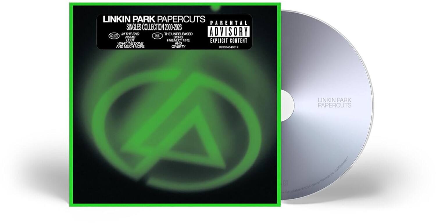LINKIN PARK PAPERCUTS  
SINGLES COLLECTION 2000-2023  
INCLUDES:  
- IN THE END  
- PUSH  
- THE UNRELEASED ADVISORY  
- NUMB  
- LOST FRIENDLY FIRE  
- EXPLICIT CONTENT  
- WHAT I'VE DONE  
- AND MUCH MORE  

ADVISORY  
EXPLICIT CONTENT  

093624846017  

LINKIN PARK PAPERCUTS  
IC Rsctrds nn