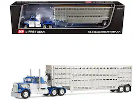 First Gear - Kenworth W900A with 36" Sleeper and 45' Wilson Livestock Trailer Blue & White with Trailer 1/64 Model by DCP/First Gear