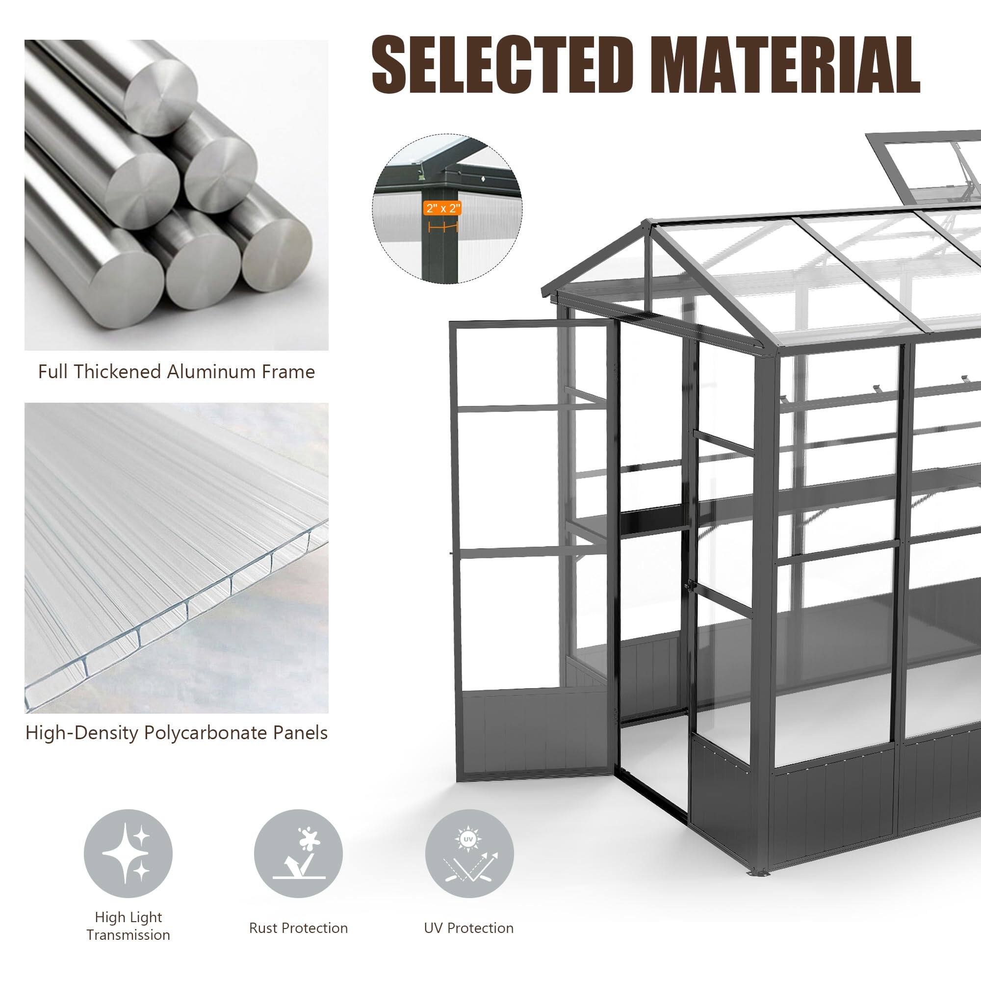 SELECTED MATERIAL

- 2"x2" Full Thickened Aluminum Frame
- High-Density Polycarbonate Panels
- High Light Transmission
- Rust Protection
- UV Protection