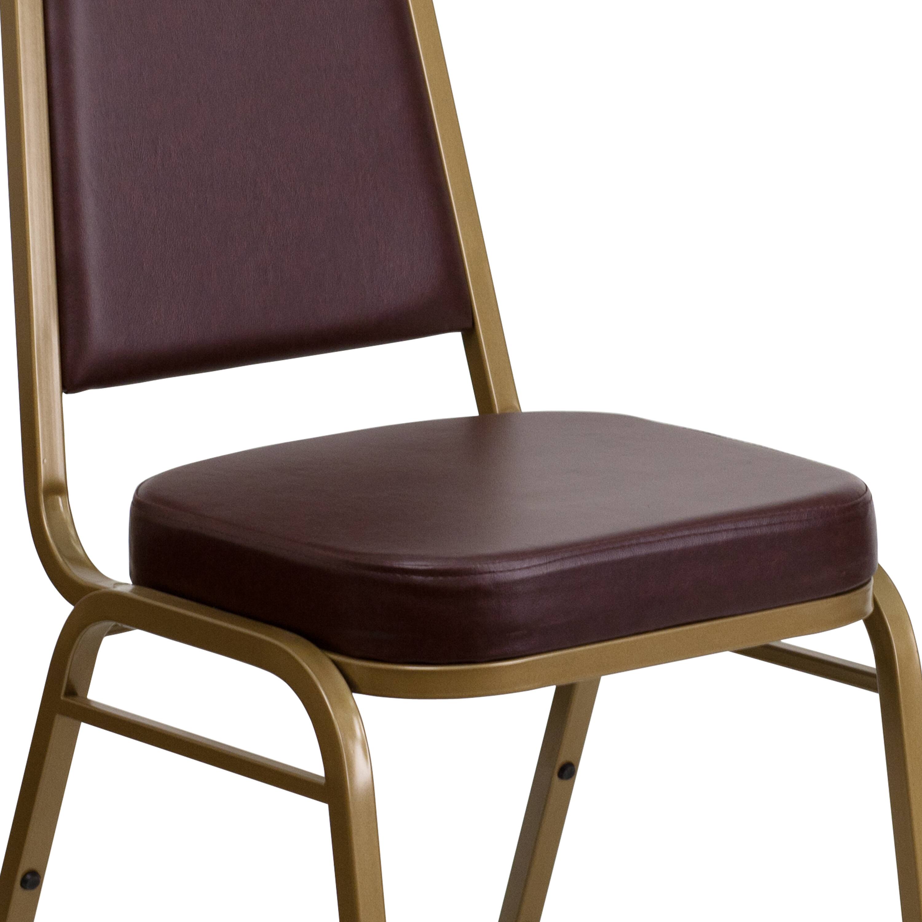 Alt View 10. Emma + Oliver - Trapezoidal Back Stacking Banquet Dining Chair - 2.5" Thick Seat - Brown Vinyl/Gold Frame.