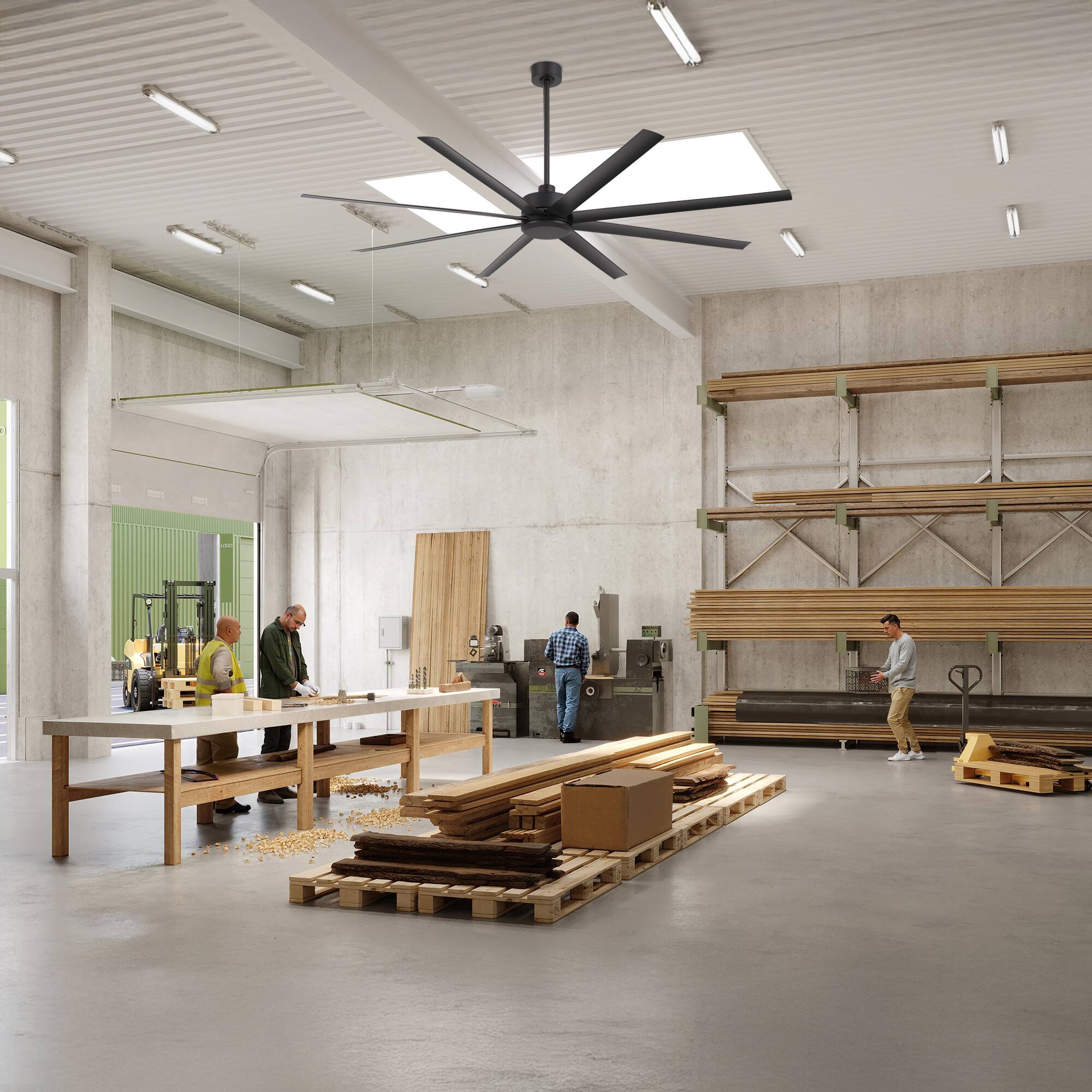 Alt View 5. Breezary - 84-in Large Ceiling Fan with 8 ABS Blades, 6-Speed DC Motor, Remote Control, 3 Downrods with Timer, Optional Light Kit - Matte Black (Without Light).