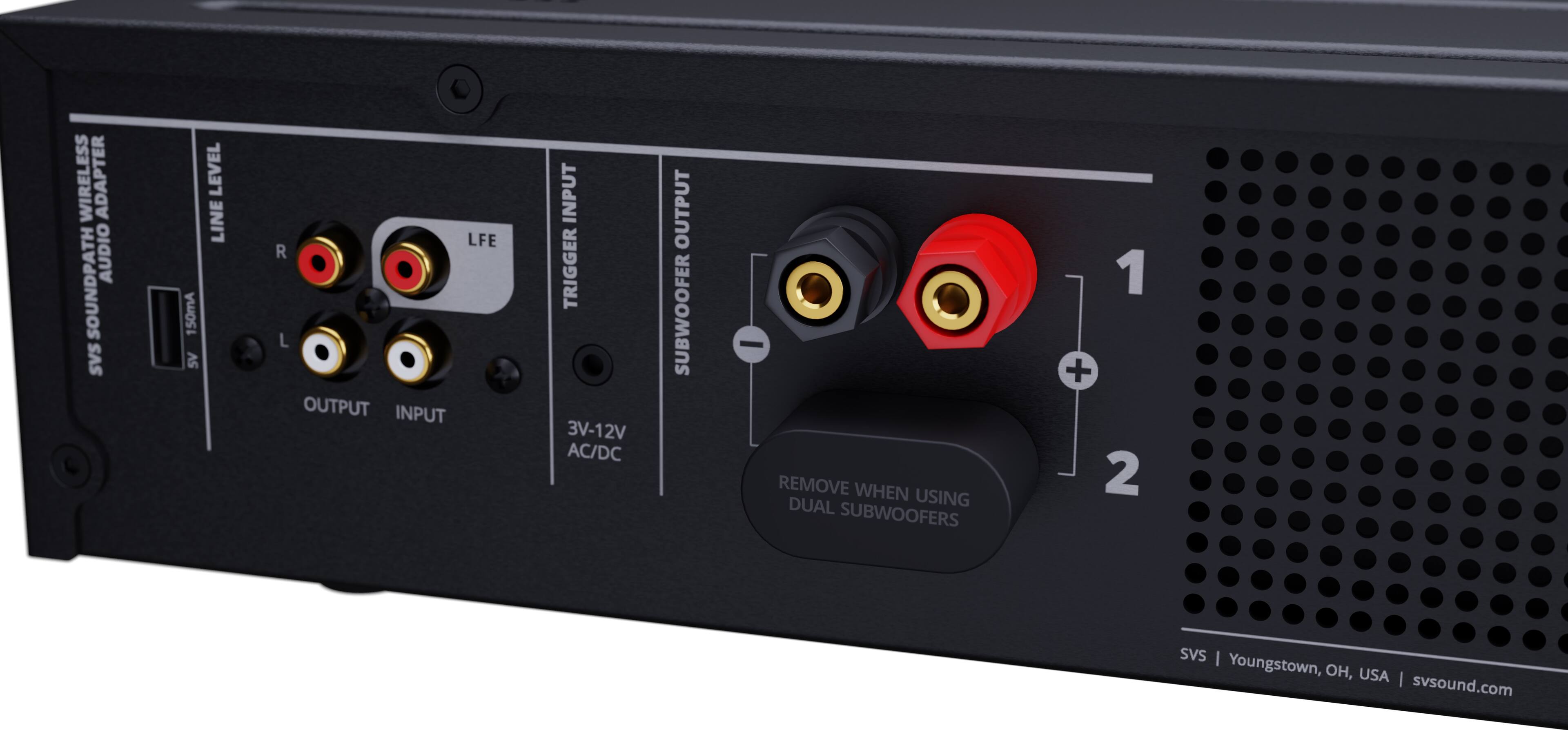 Wireless Adapter SoundPath Audio SAS Level Line 150mA SV LFE R L Output Input Input Trigger 3V-12V AC/DC Output Subwoofer - Remove when dual using subwoofers 1 + 2 SVS | Youngstown, OH, USA | svsound.com