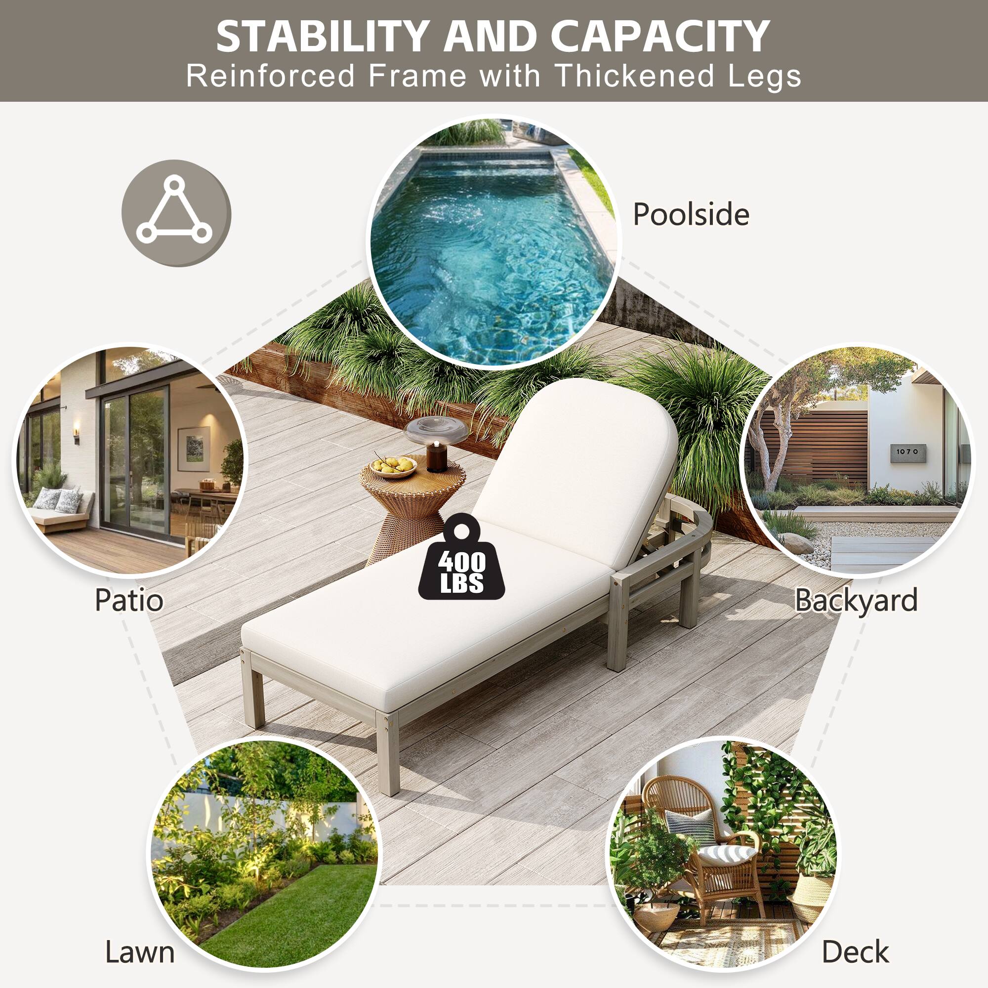 STABILITY AND CAPACITY  
Reinforced Frame with Thickened Legs  

- Poolside  
- Patio  
- Lawn  
- Backyard  
- Deck  

400 LBS