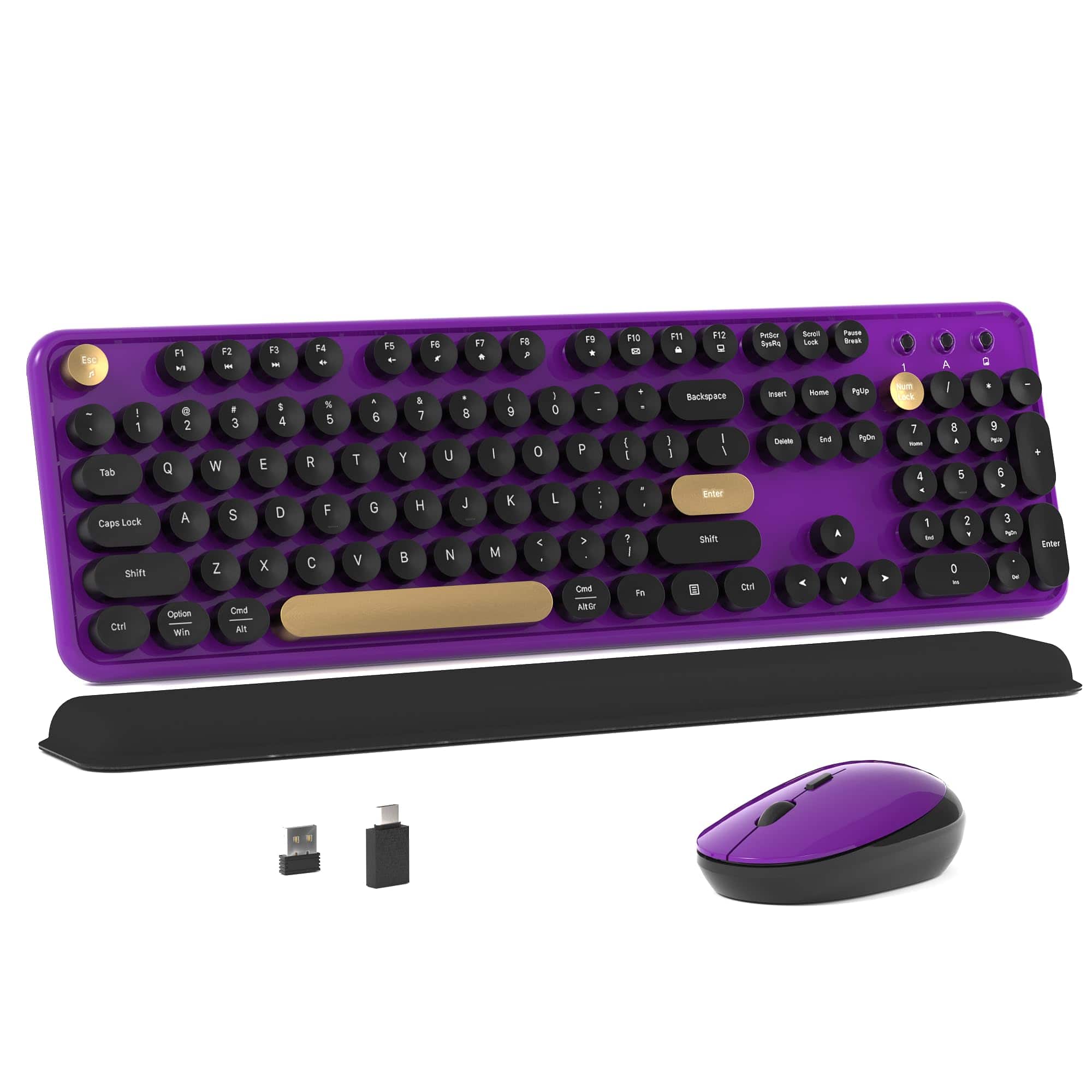 Cozy Serene - Colorful Wireless Computer And Mouse Combo With Round Typewriter Keycaps Retro Design Power hz For Windows Pc Retro - Black-Purple