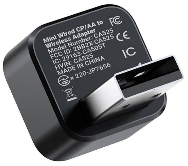 Mini Wired CP/AA to FC Adapter  
Wireless Number: 2BB2X-CA525  
Model: 29163-CA505T  
ID: IC  
FCC: CA525  
IC: HVIN  
MADE IN CHINA  
220-JP7656