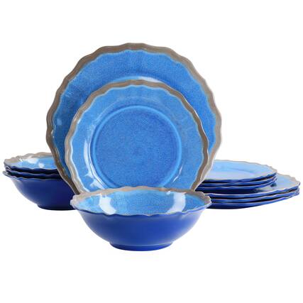 Front. Elama - Elama Roma 12 Piece Melamine Dinnerware Set in Blue - Blue.