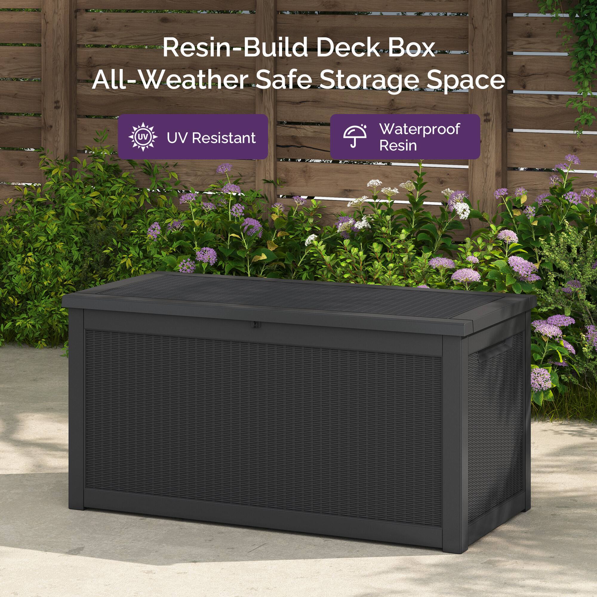Resin-Build Deck Box  
All-Weather Safe Storage Space  

UV Resistant  
Waterproof Resin