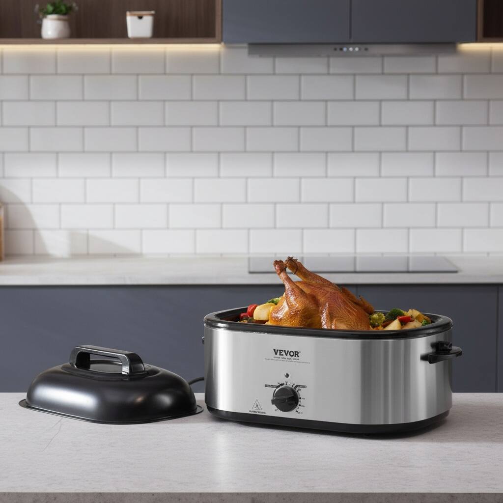 Left. Forest'nSky - 26 Qt Electric Turkey Roaster Oven, Fits 30 lb Bird, 1450W with Self-Basting Lid & Tempered Glass,Silver - Silver.