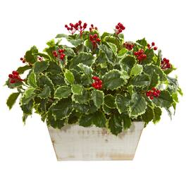 BreeBe - 15" Variegated Holly Leaf Artificial Plant (Real Touch) - Red,Green