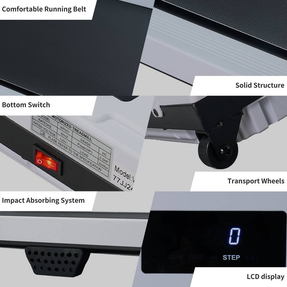 Comfortable Running Belt  
Solid Structure  
Bottom Switch  
Impact Absorbing System  
Transport Wheels  
LCD display  

Model: JJ2  

Specifications:  
- Motorized Treadmill  
- Rated Voltage: 125V  
- Power Load: 2 HP  
- Speed: 2209  
- Model: 77JJ2
