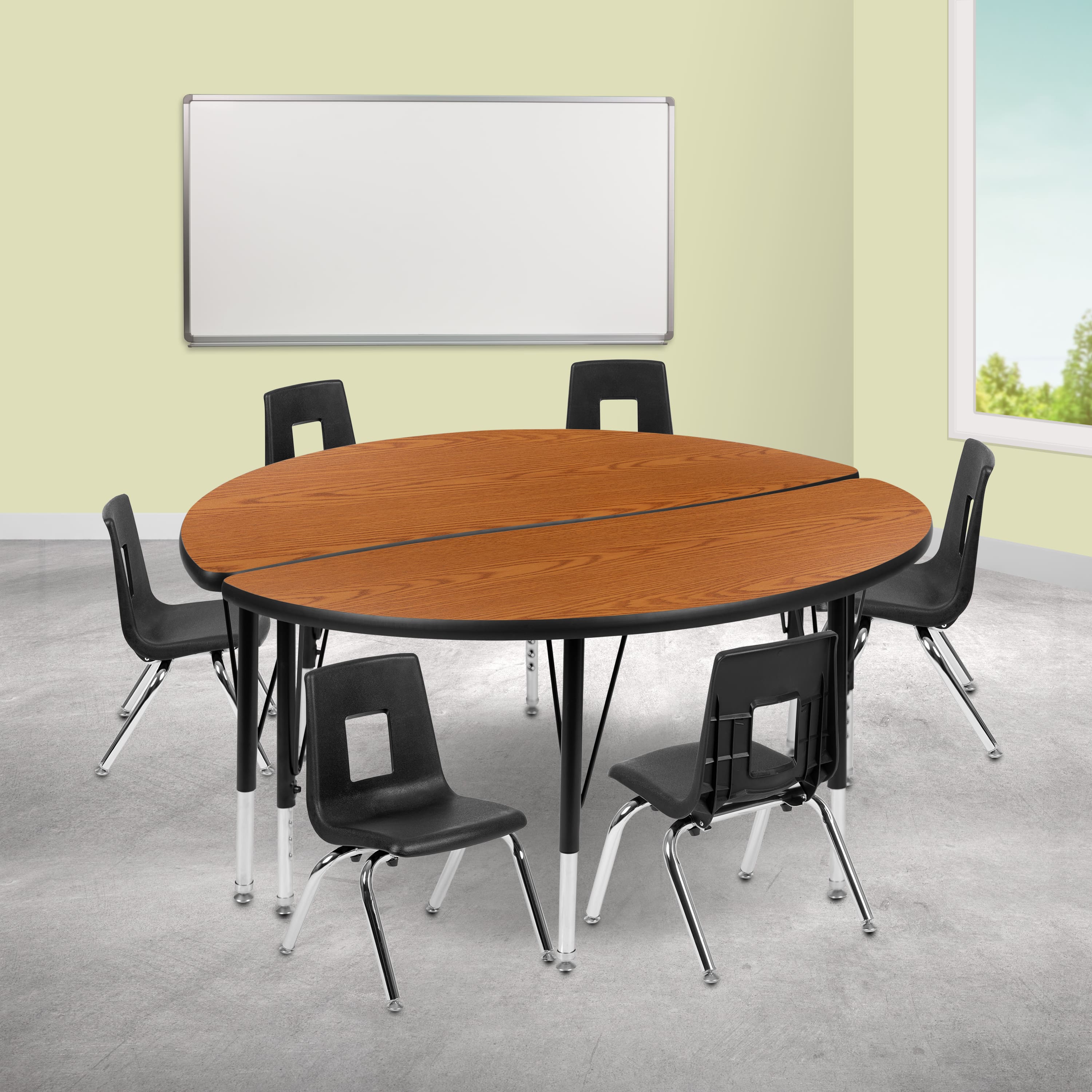 "Emma + Oliver - 47.5"" Circle Wave Collaborative Laminate Activity Table Set with 14"" Student Stack Chairs - Oak" price history on PriceWatchPro