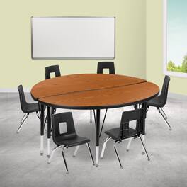Emma + Oliver - 47.5" Circle Wave Collaborative Laminate Activity Table Set with 14" Student Stack Chairs - Oak