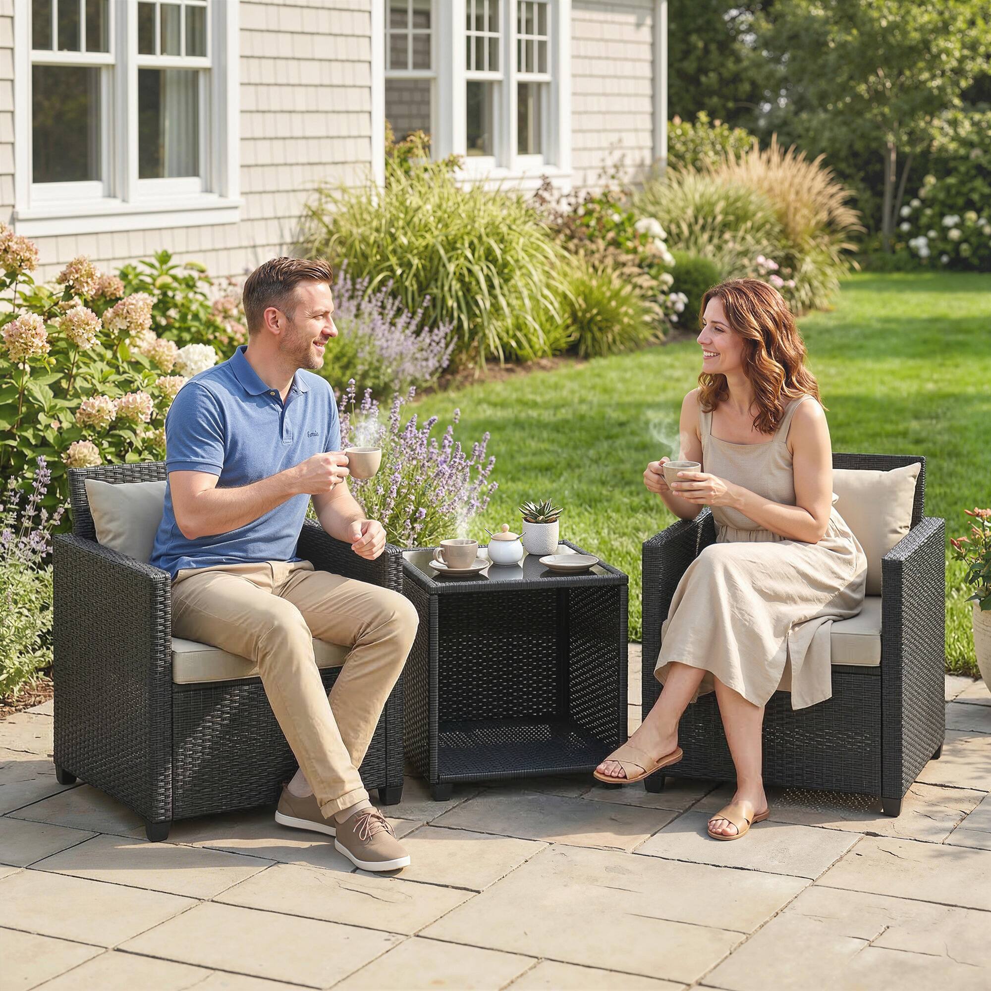 Alt View 8. Outsunny - Piece Patio Bistro Set, Wicker Furniture Set with Thick Cushions - Beige.