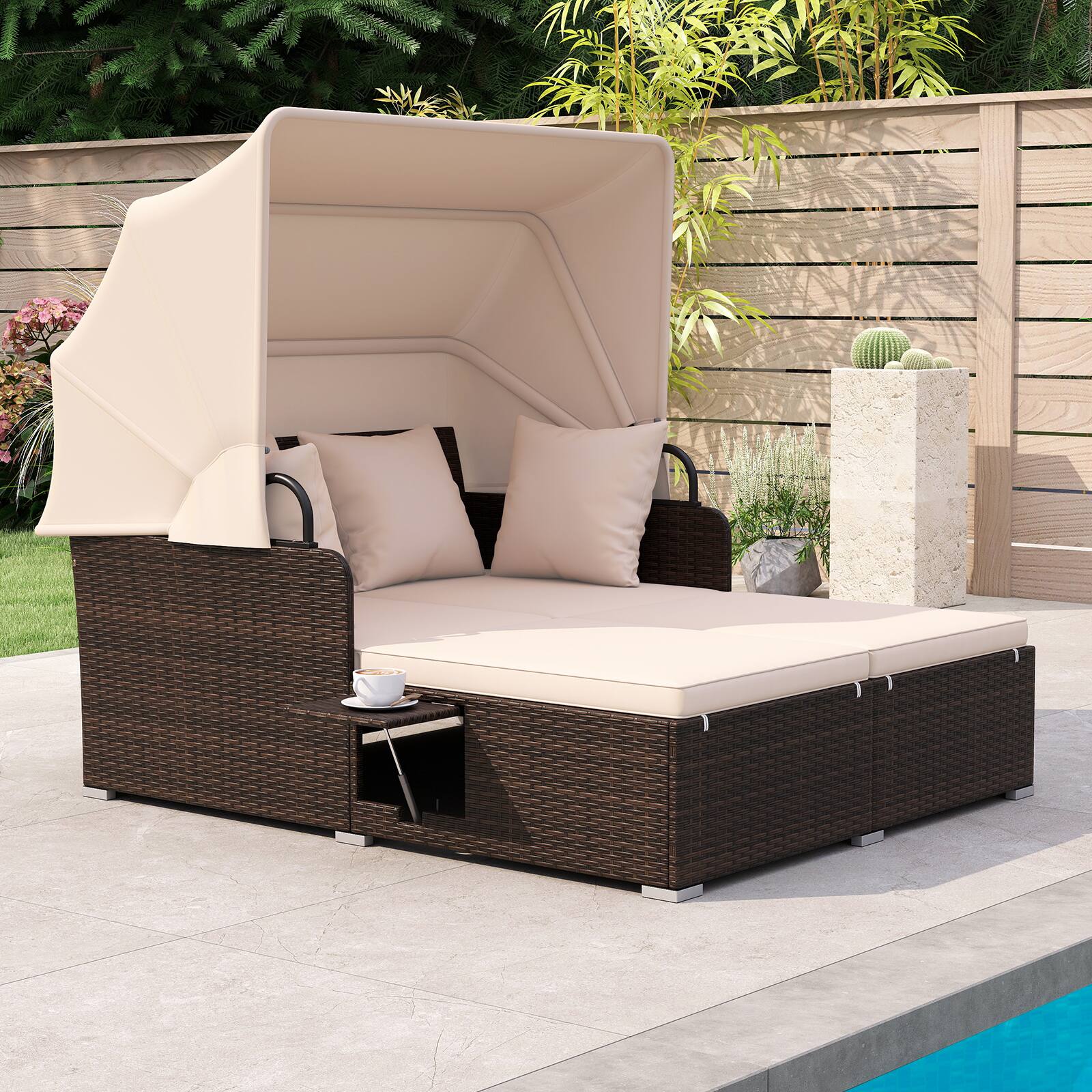 Alt View 1. Gymax - Gymax Patio Rattan Daybed Lounge Retractable Top Canopy Side Tables Cushions for Outdoor Brown - Brown.