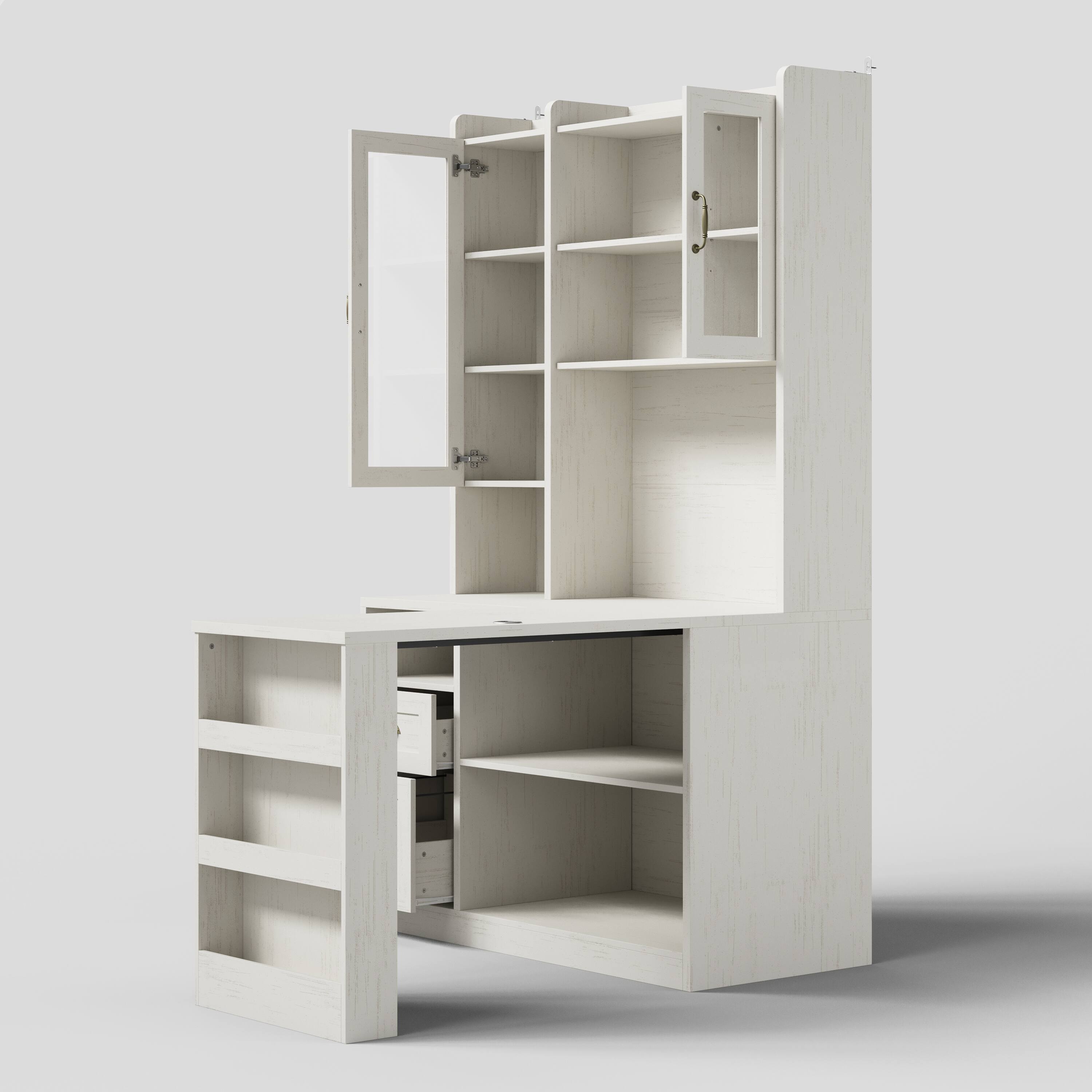 Back. Famapy - Study Desk with Tall Storage Cabinet – White Vintage Student Writing Table with Drawers & Bookshelf for Bedroom, Dorm - White.