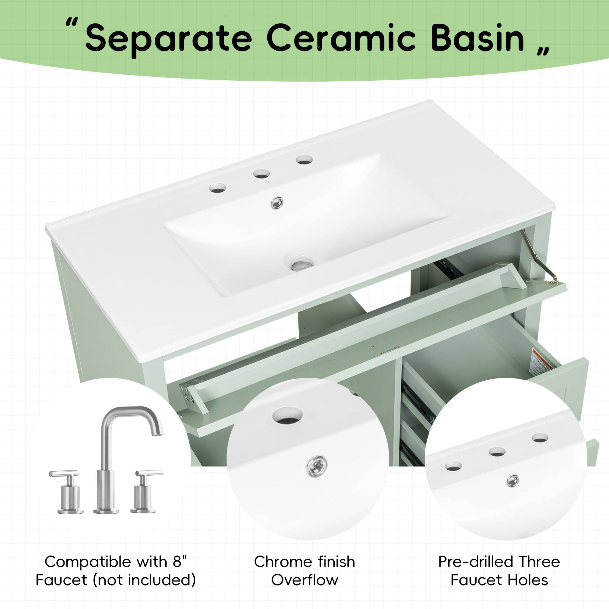 "Separate Ceramic Basin," Compatible with 8" Faucet (not included) Chrome finish Overflow Pre-drilled Three Faucet Holes