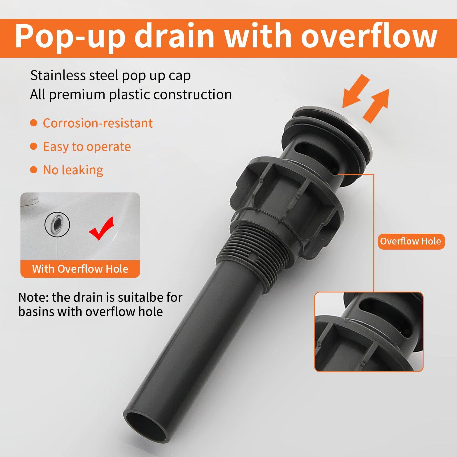 Pop-up drain with overflow

Stainless steel pop up cap  
All premium plastic construction

- Corrosion-resistant  
- Easy to operate  
- No leaking  

With Overflow Hole  

Note: the drain is suitable for basins with overflow hole